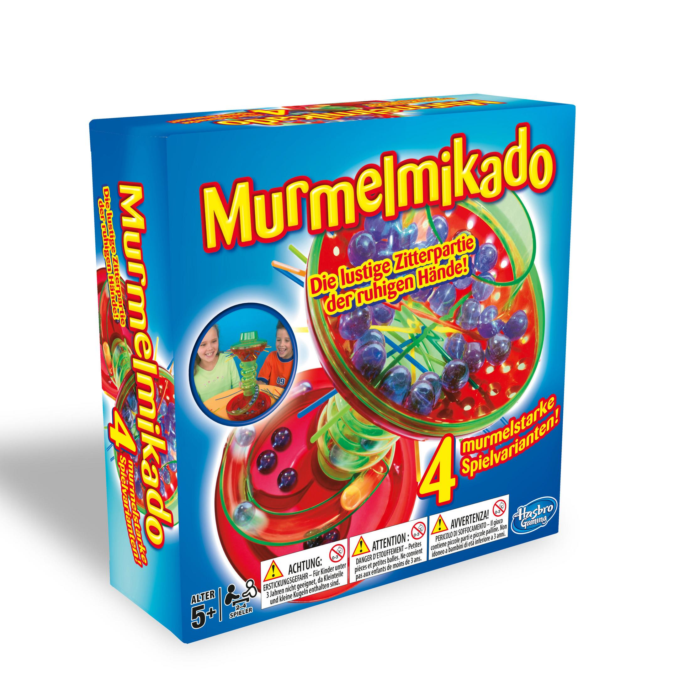 Murmelmikado Spiel-Verpackung mit Murmeln, Kindern und Warnhinweisen.