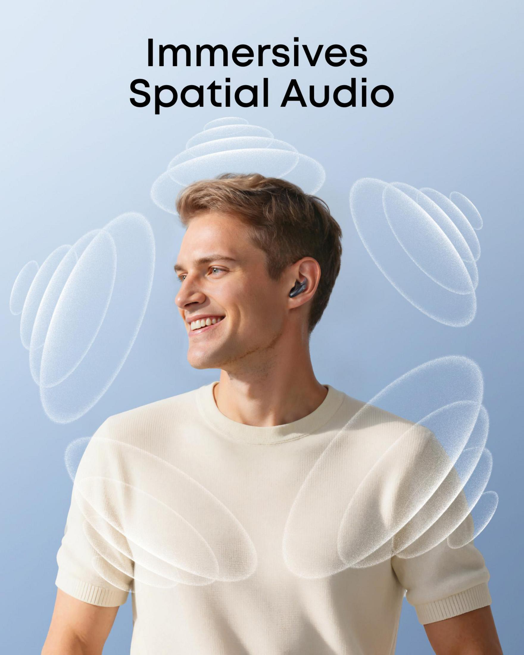 Uomo con auricolari, circondato da onde sonore, su sfondo blu.
