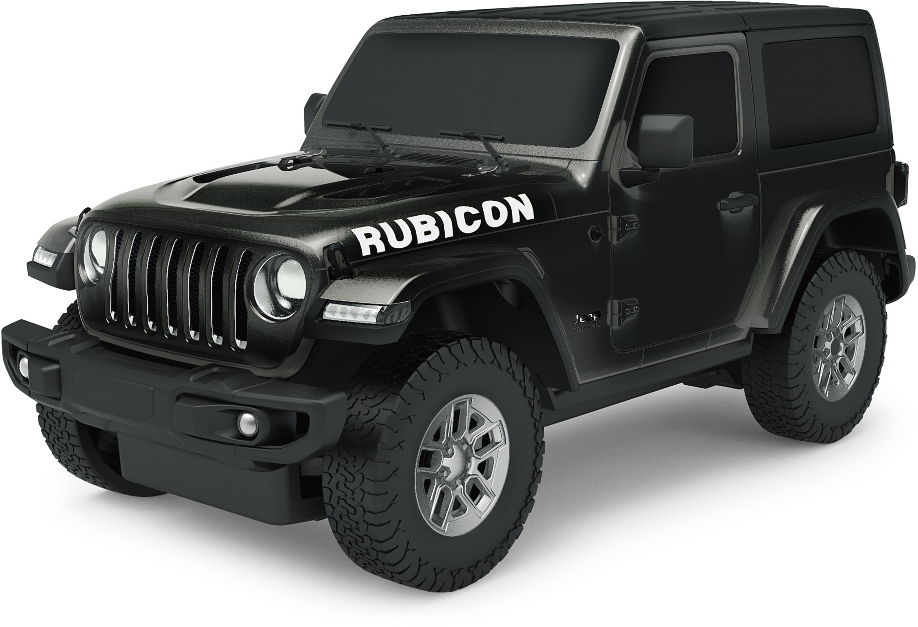 Ein schwarzer Jeep Wrangler Rubicon mit silbernen Rädern ist vor weißem Hintergrund zu sehen.