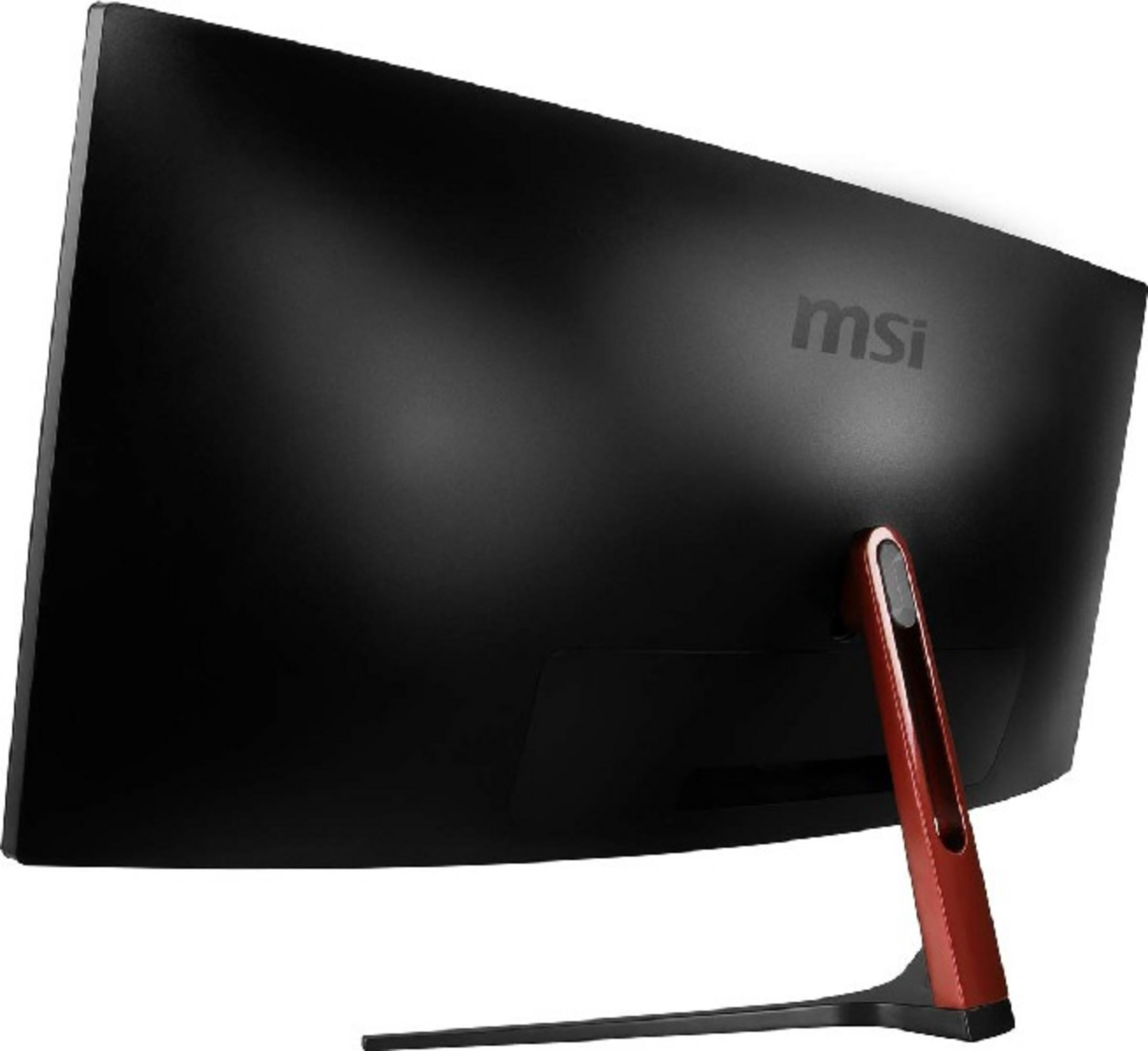 Rückseite eines schwarzen MSI-Monitors mit rotem Ständer auf weißem Hintergrund.