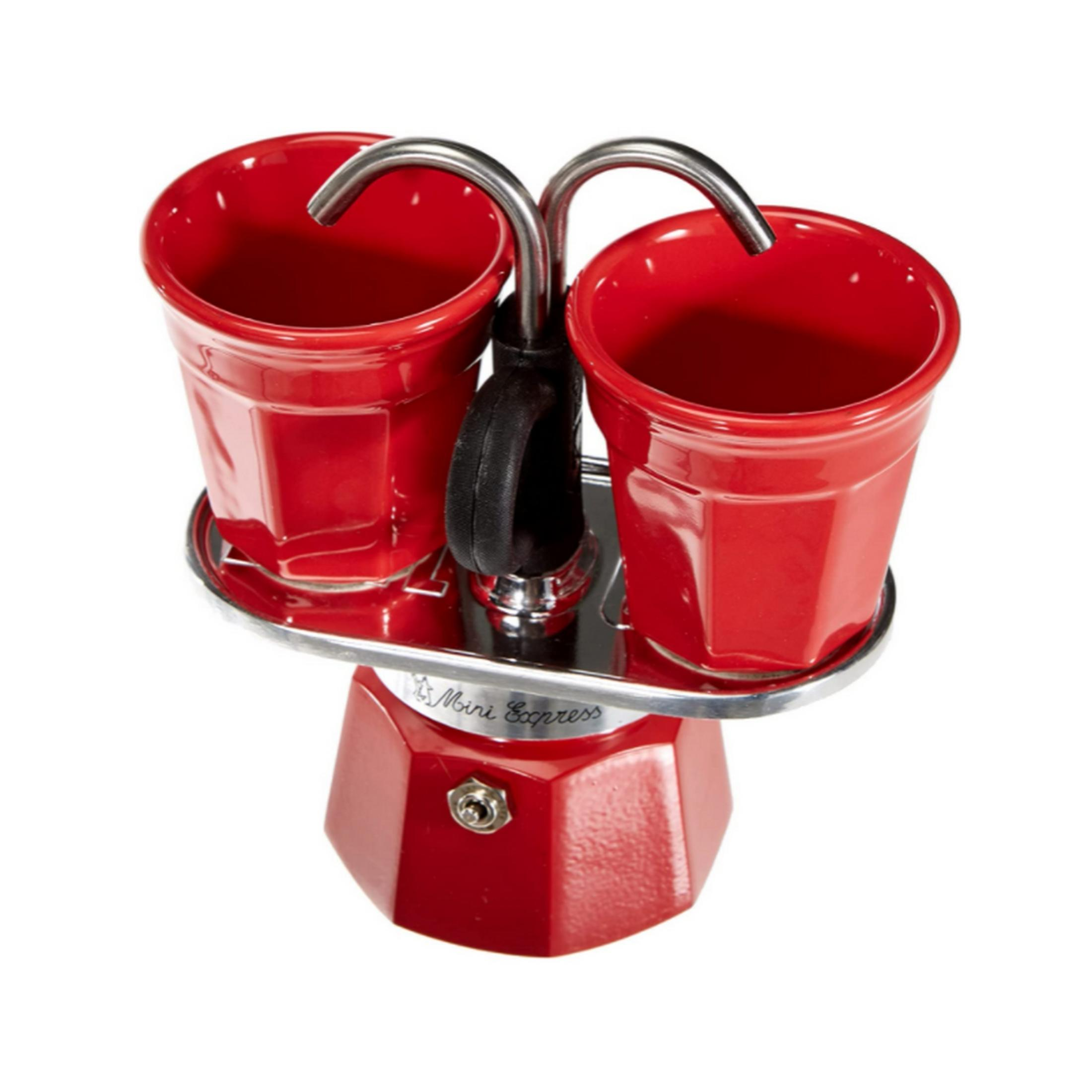 Moka rossa con due tazzine e manico in metallo.