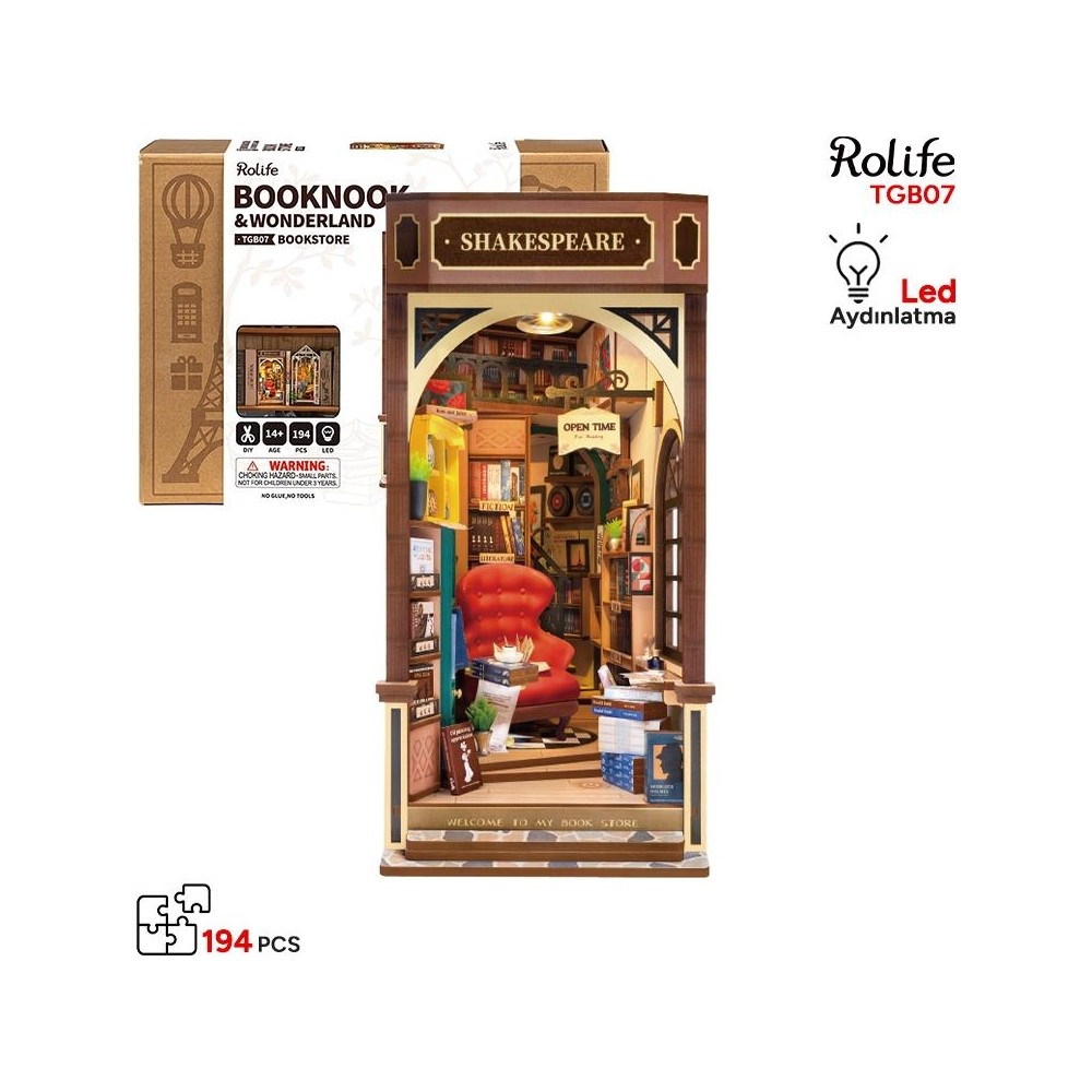 Rolife TGB07 minyatür kitapçı kiti, 194 parça ve LED aydınlatmalı.