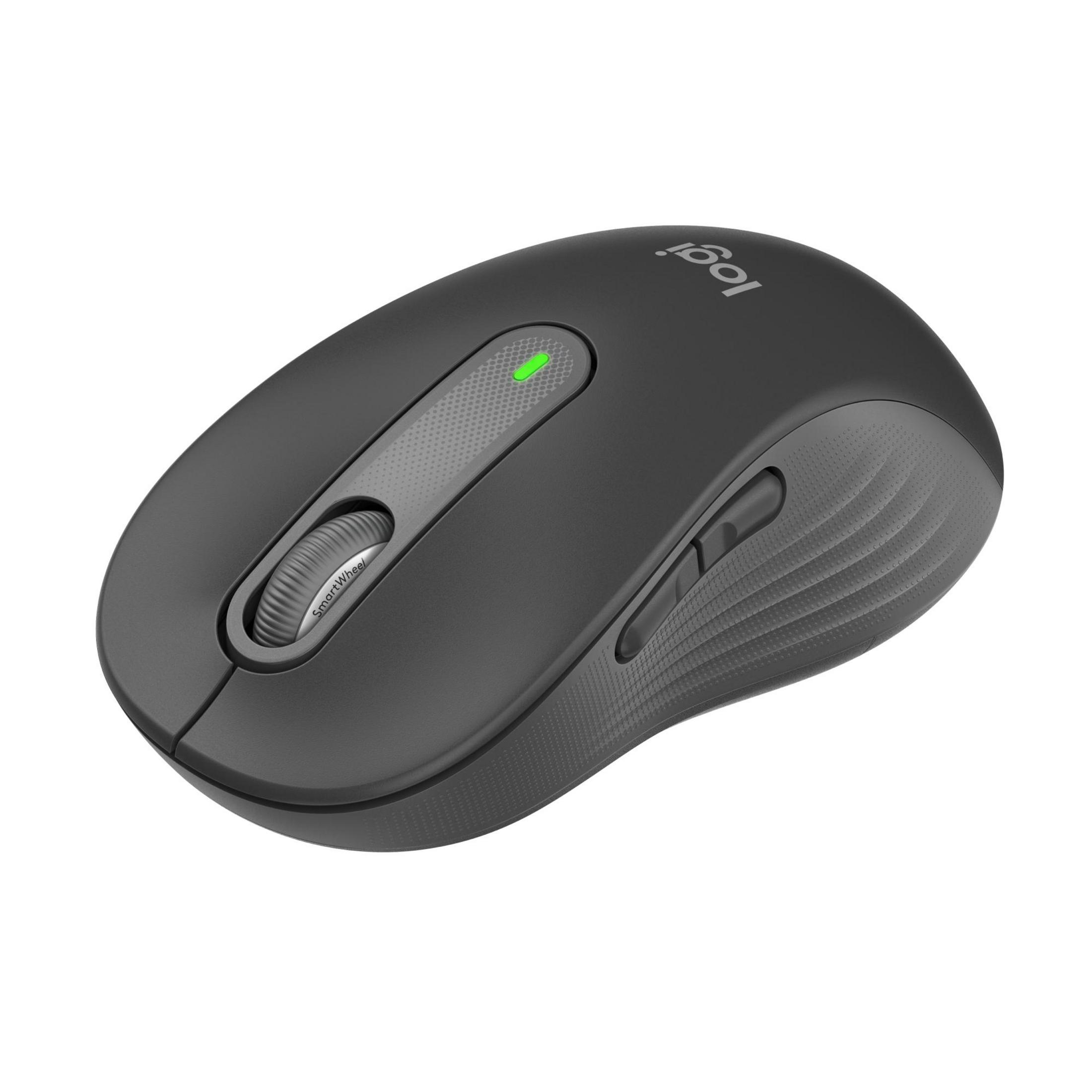 Un mouse Logitech nero con rotella di scorrimento e LED verde.