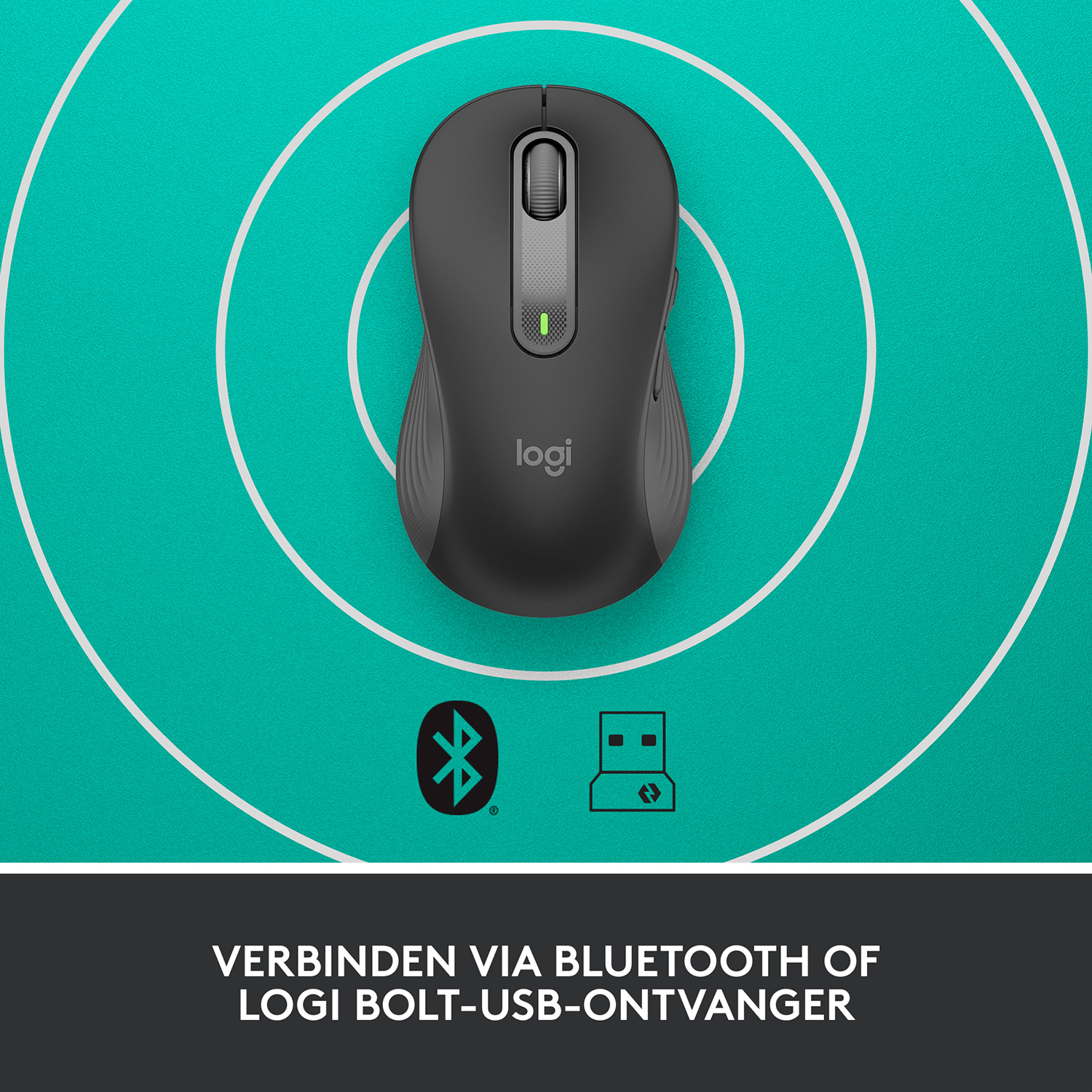 Un mouse Logitech nero su sfondo turchese con cerchi concentrici bianchi. Icone Bluetooth e USB visibili.