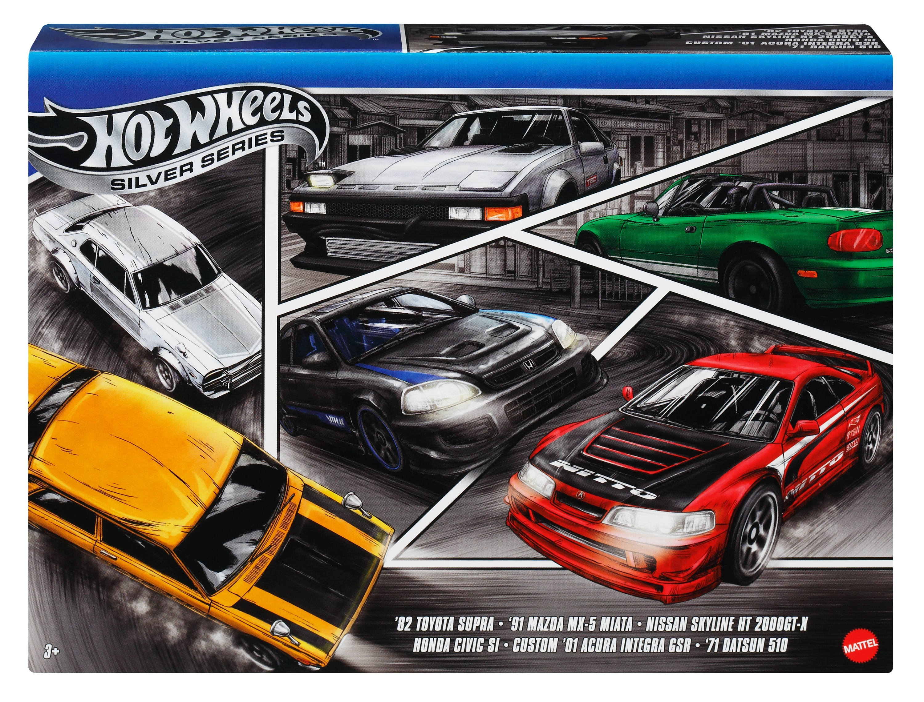 Scatola Hot Wheels Silver Series con 5 auto da corsa: gialla, rossa, nera, verde e argento.