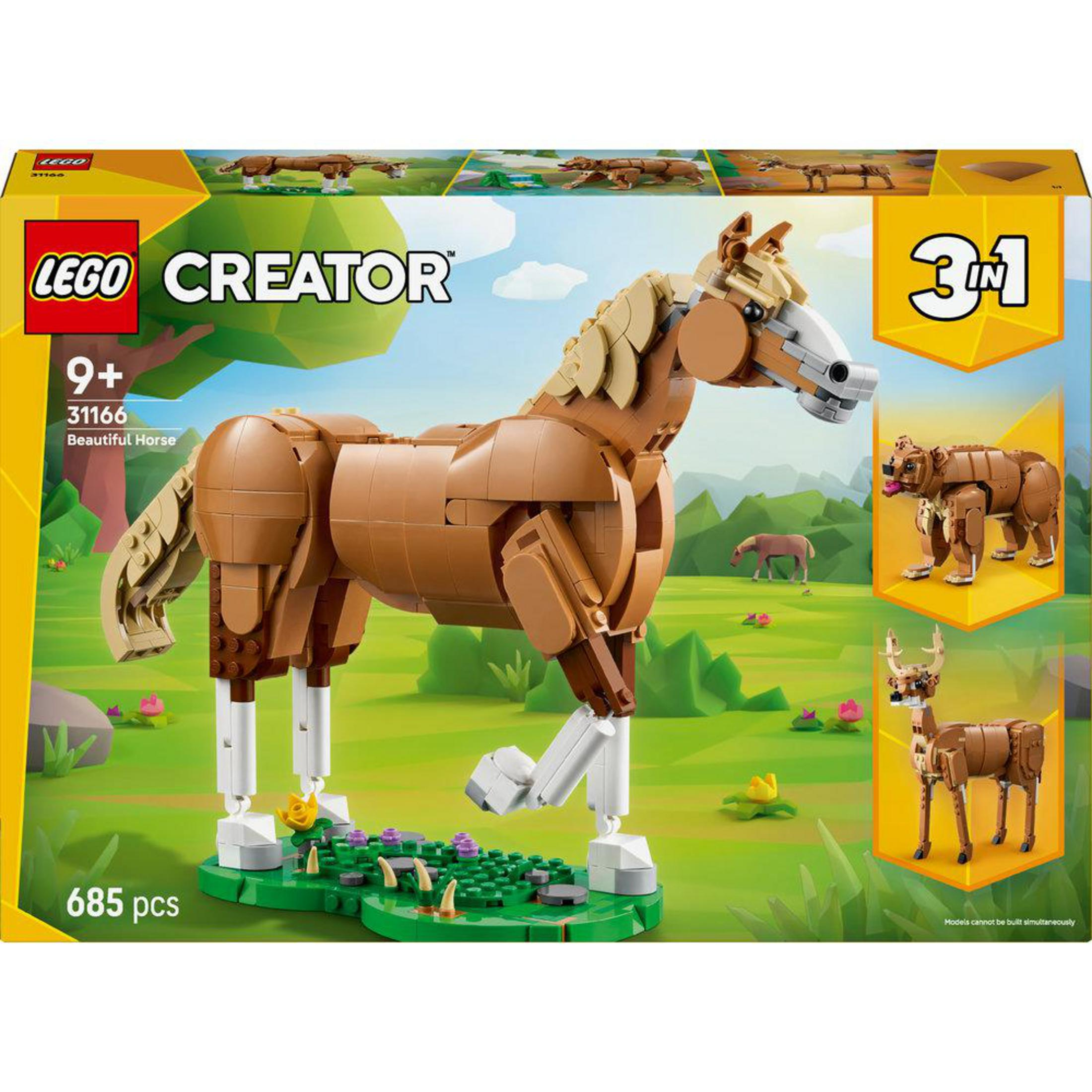Set LEGO Creator 3-in-1 con 685 pezzi, mostra cavallo, orso e cervo.
