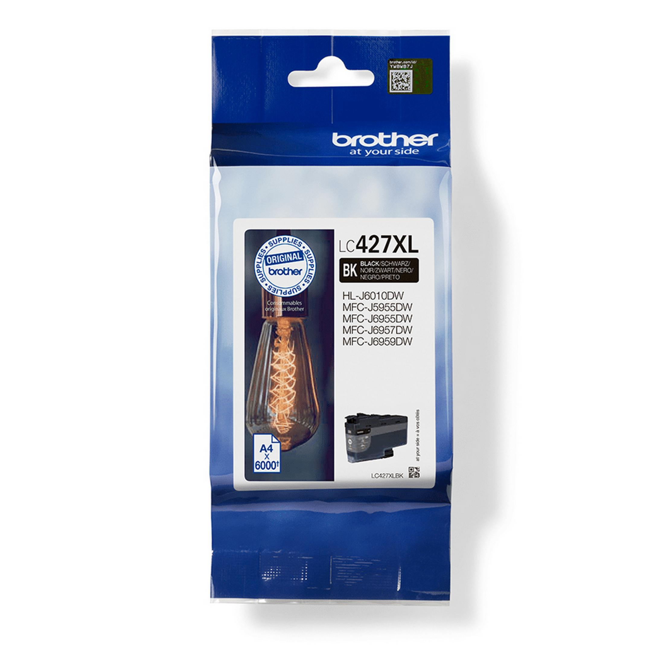 Brother LC427XL zwarte inktcartridge verpakking met gloeilamp.