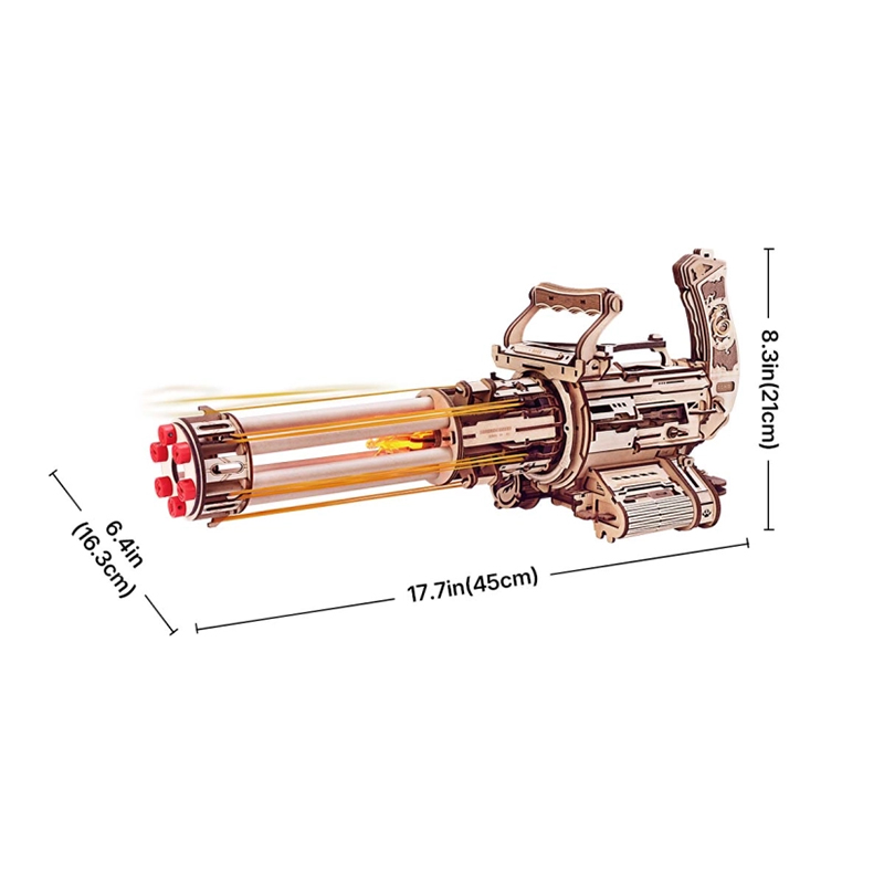 Görünür namluları ve tutamağı olan ahşap Gatling topu modeli.