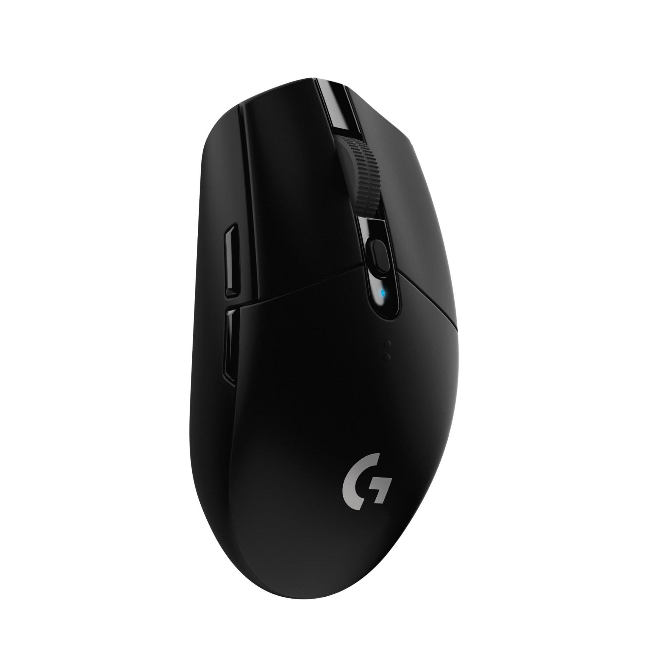 Mouse gaming nero con logo Logitech e rotellina di scorrimento.