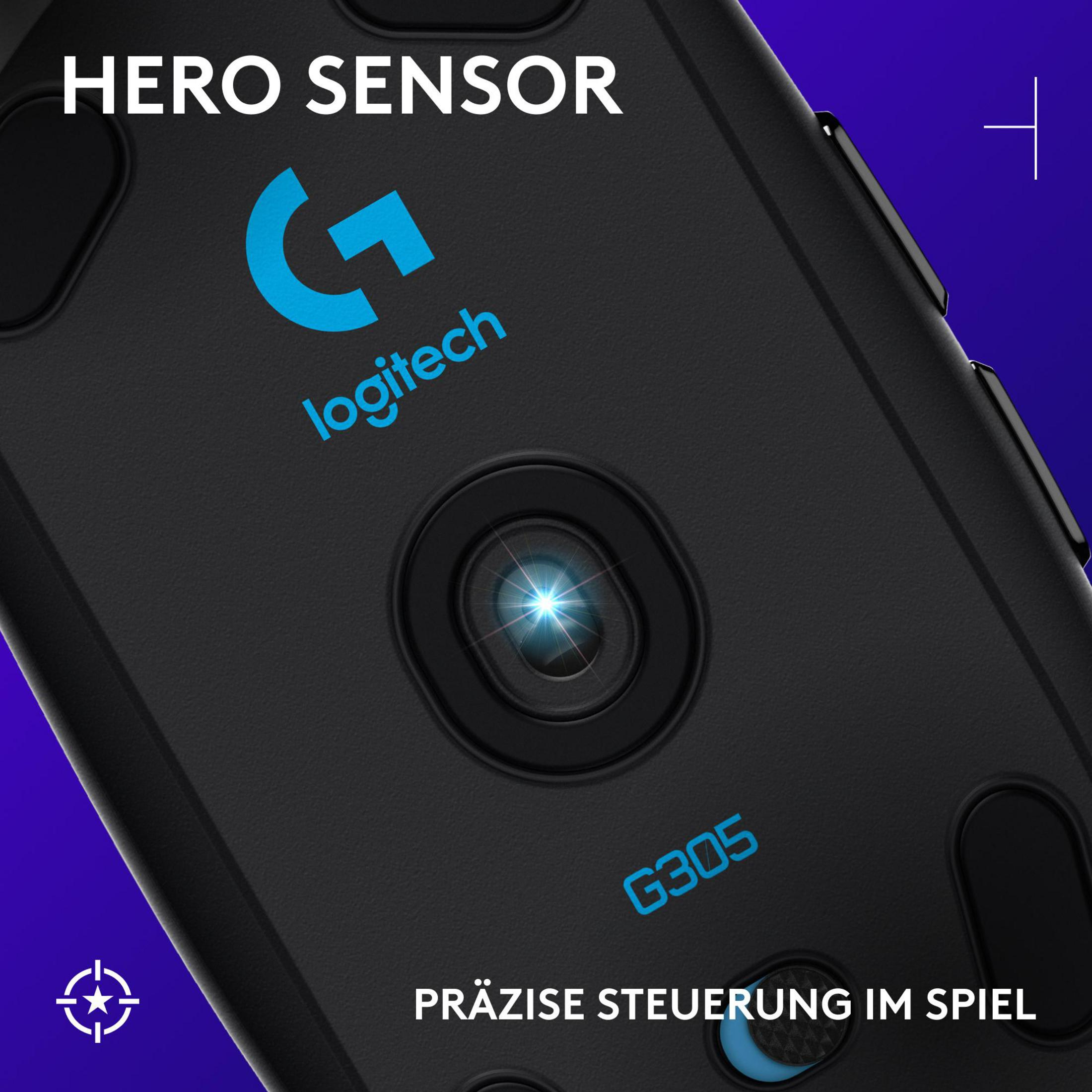 Fondo del mouse Logitech G305 con sensore HERO e testo.