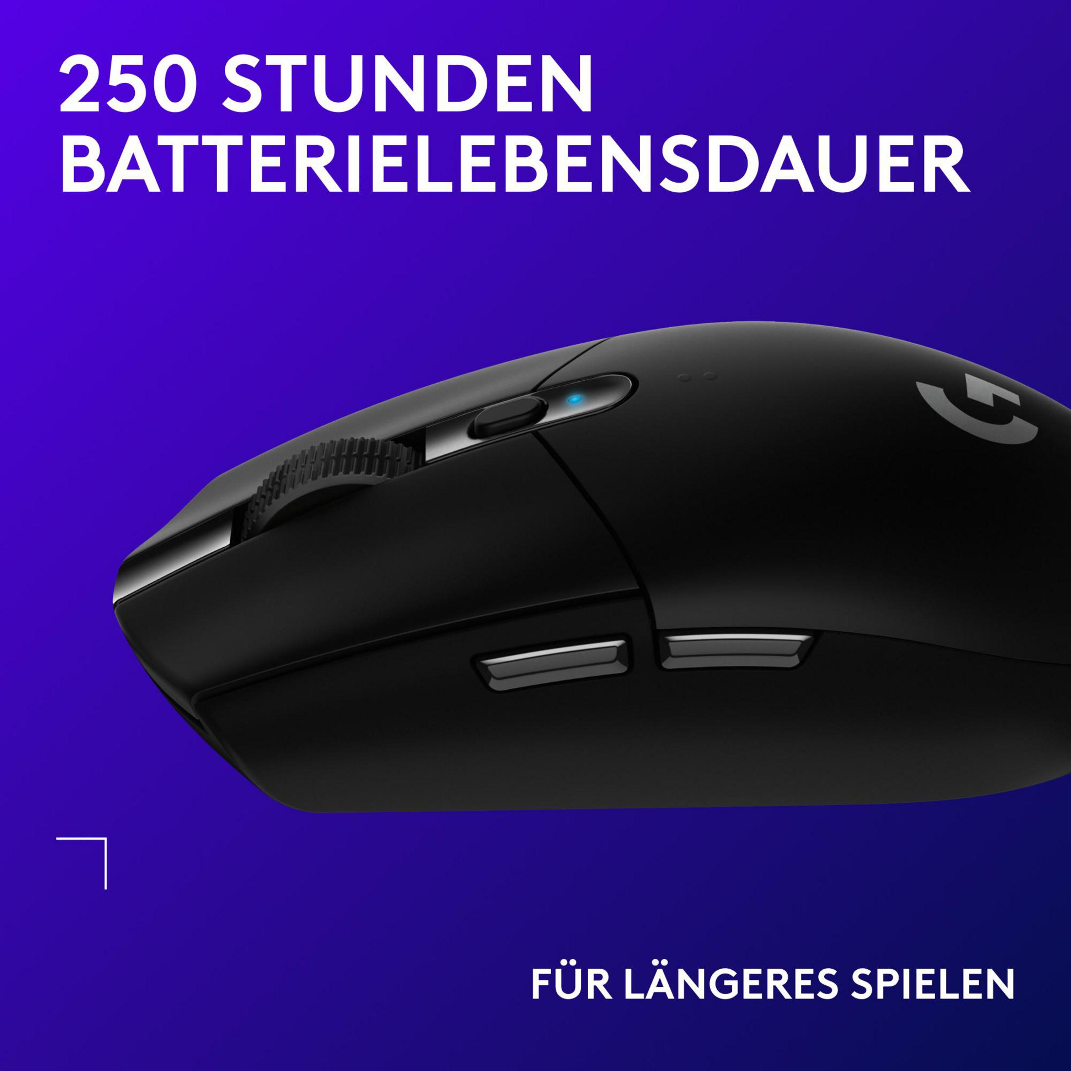 Mouse da gaming nero con luce blu e testo su sfondo viola.
