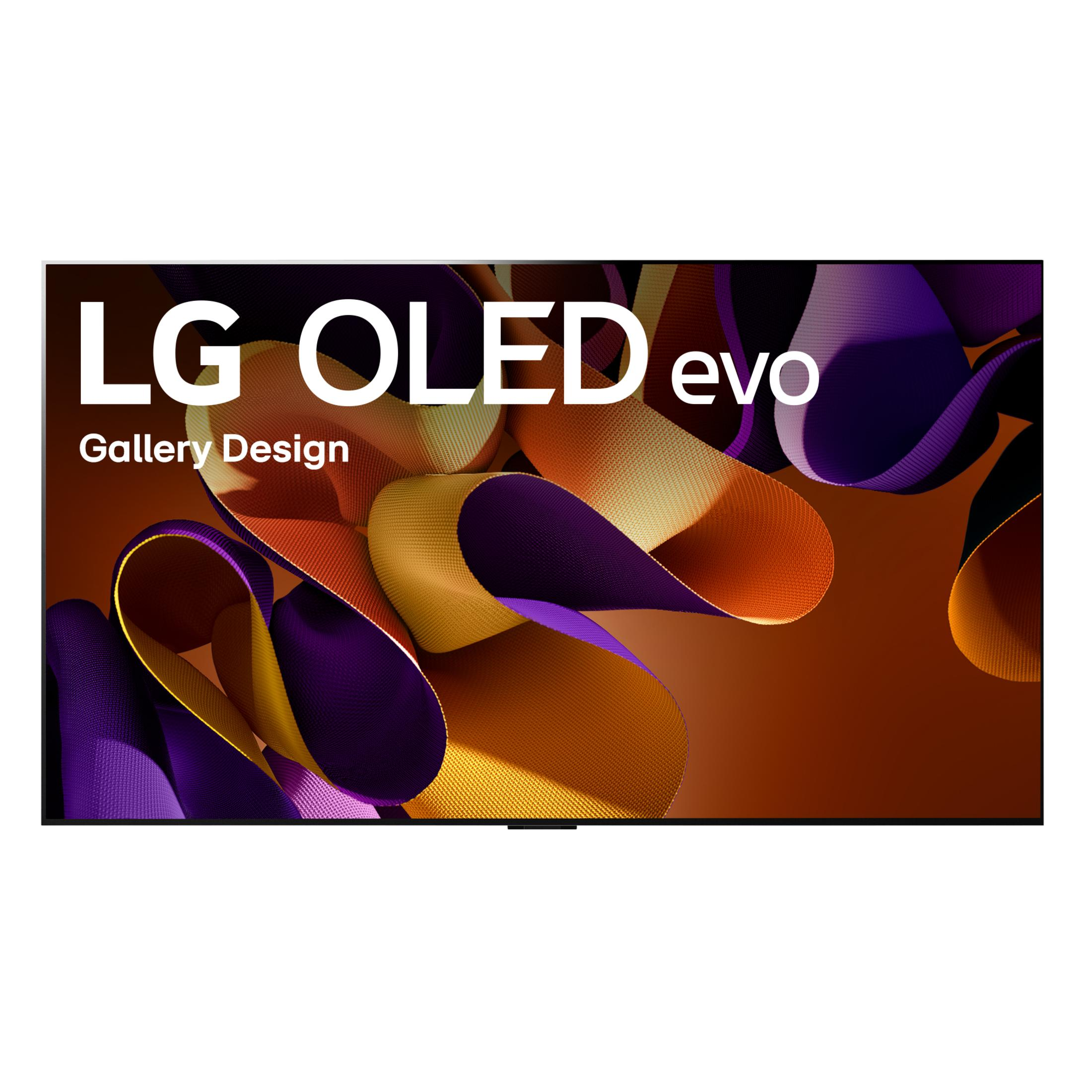 TV LG OLED evo con diseño Gallery y visuales abstractos de tela colorida.