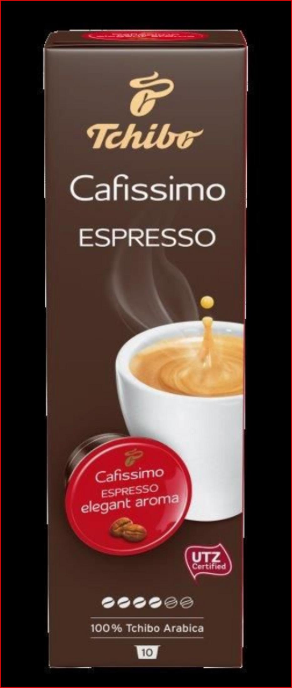 Confezione Tchibo Cafissimo Espresso con capsula, tazza e chicchi di caffè.