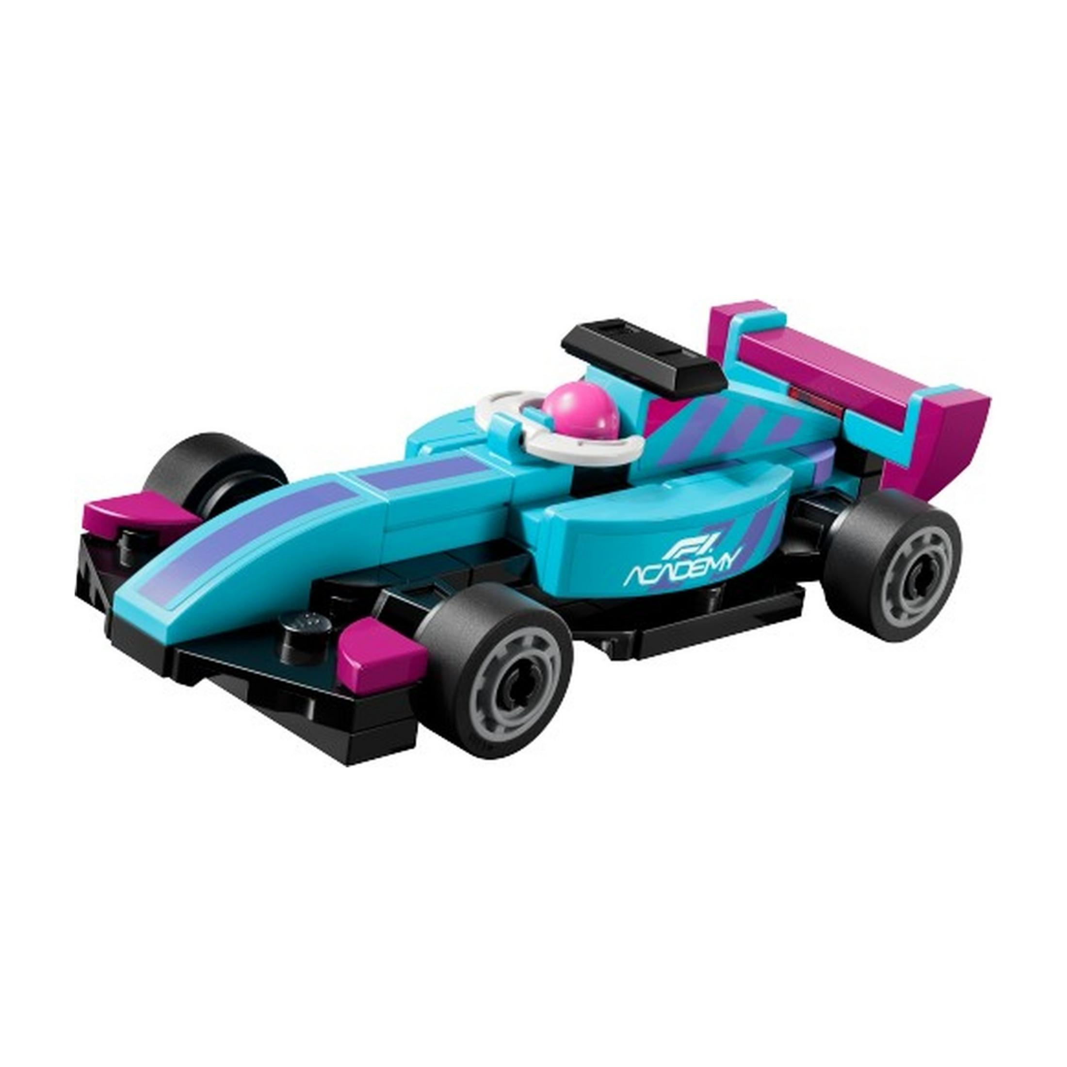 Un coche de carreras Lego azul y rosa con rayas.