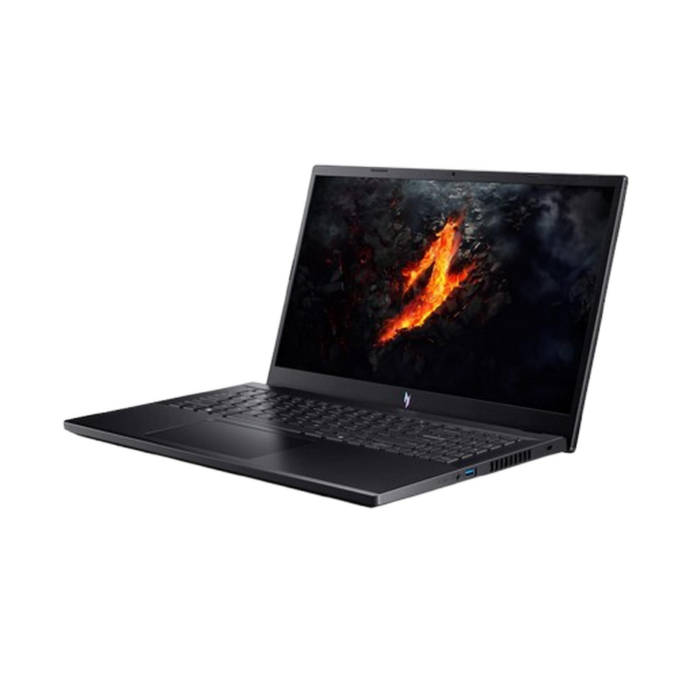 Portátil negro con teclado iluminado y fondo de pantalla de fuego.