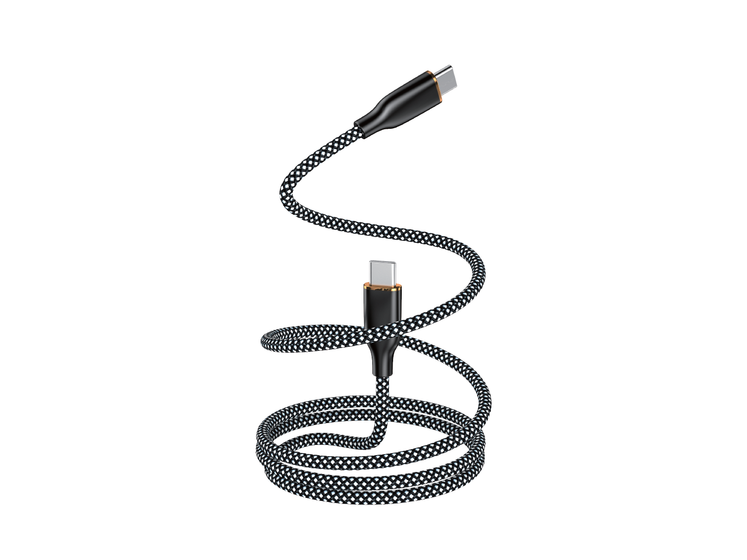 Czarny kabel USB-C z białym wzorem i złotymi akcentami, na białym tle.