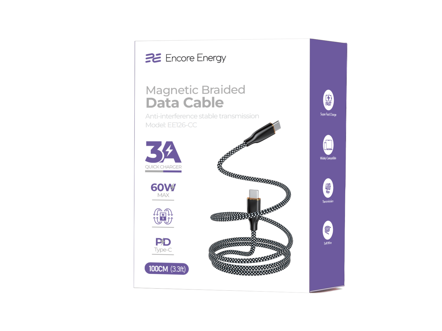 Magnetyczny kabel danych Encore Energy, 3A, 60W, PD Type-C, 100CM, czarno-biały.