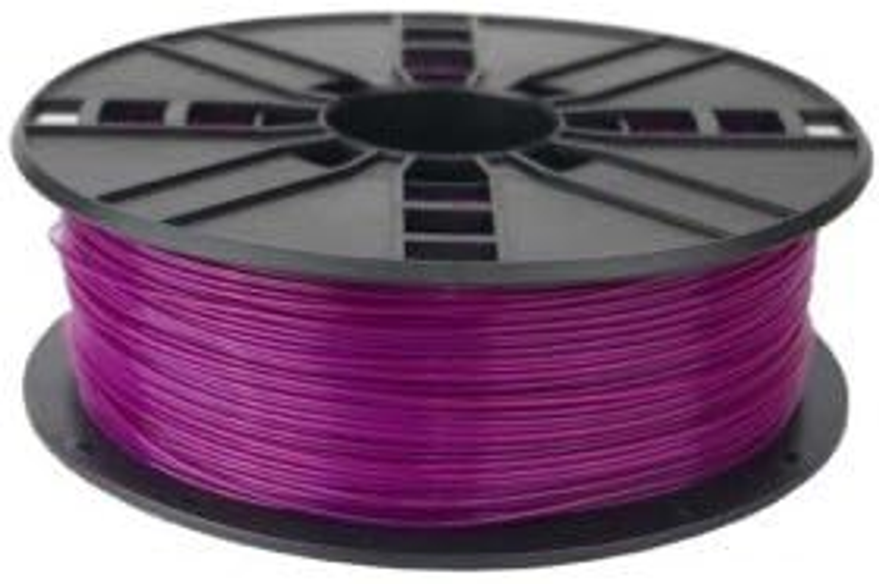 Eine Spule mit glänzendem, violettem 3D-Druckfilament. Weißer Hintergrund.