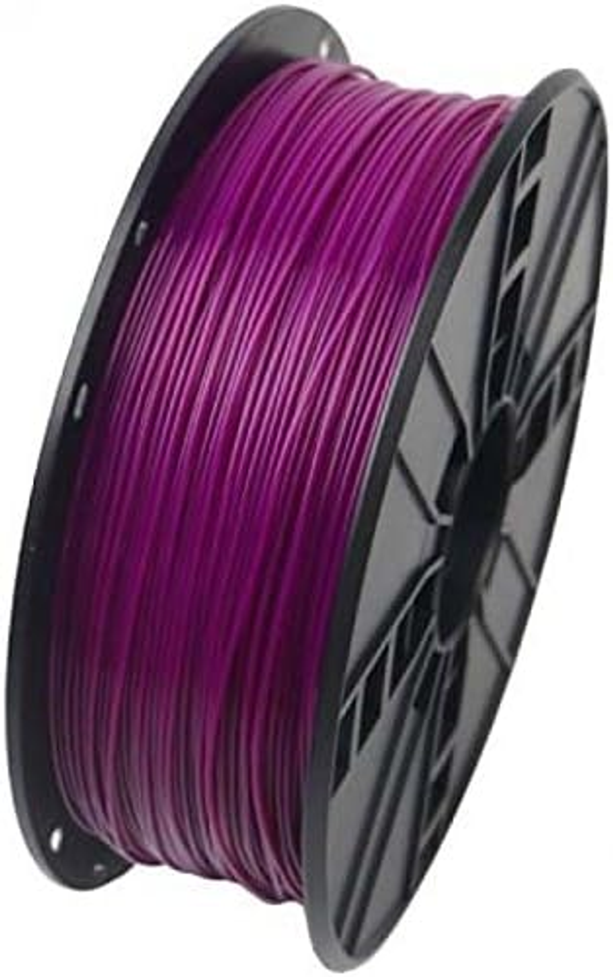 Eine Spule aus violettem 3D-Druckerfilament auf einer schwarzen Kunststoffspule, isoliert auf Weiß.