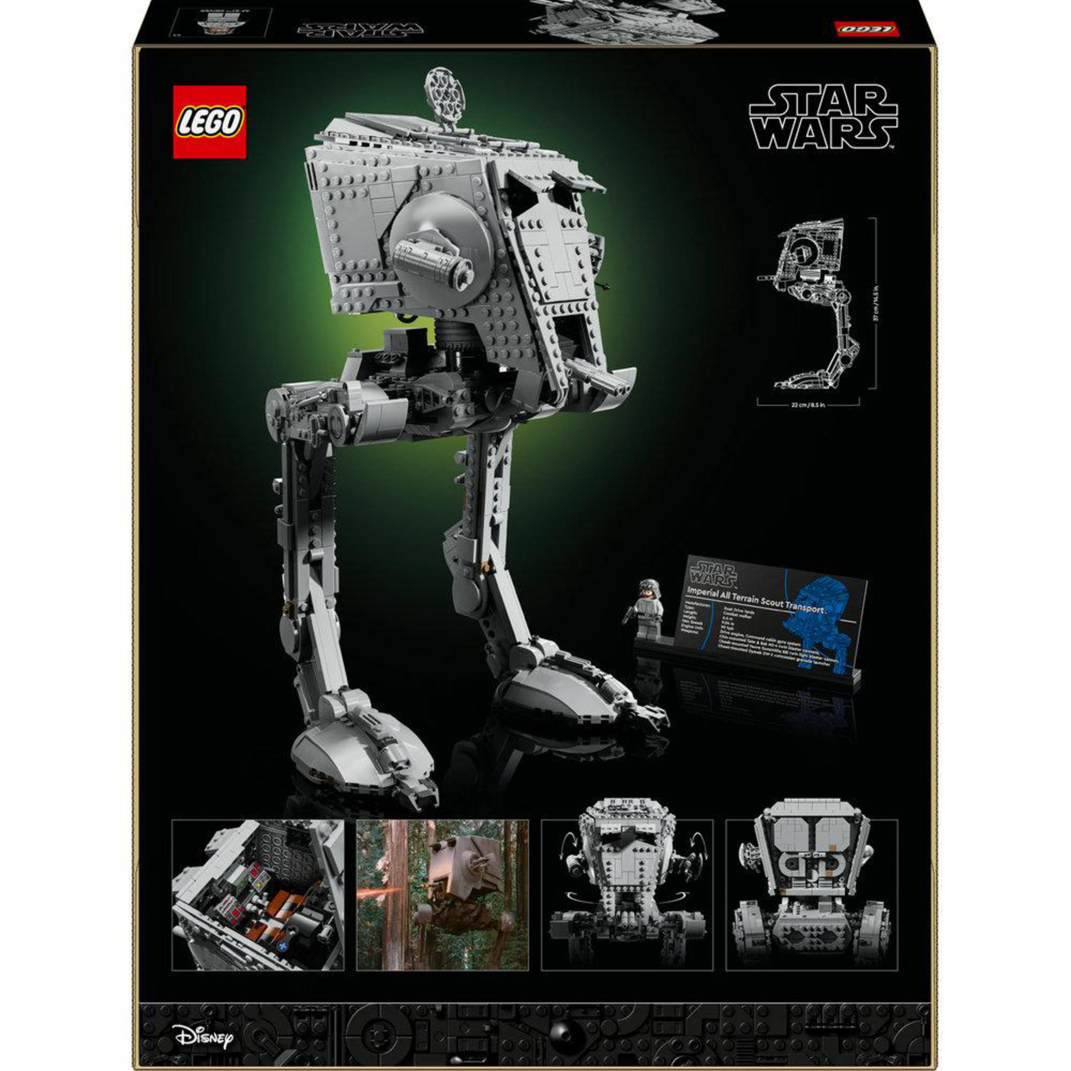 Opakowanie LEGO Star Wars z szarym modelem AT-ST i detalami.