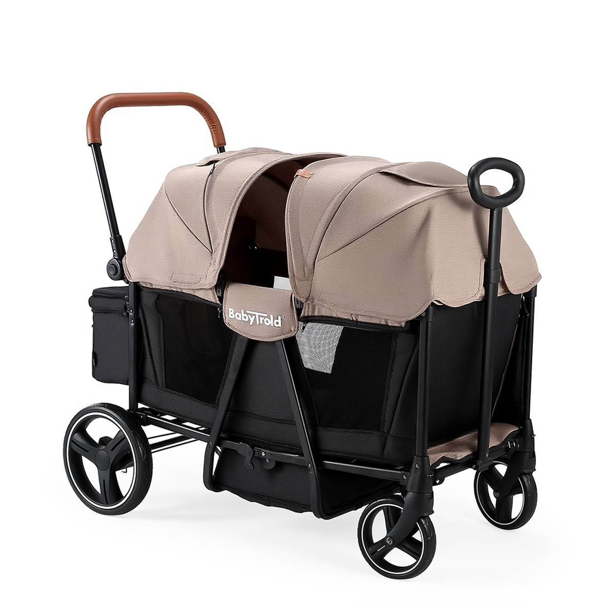 Ein beigefarbener Kinderwagen für zwei Kinder mit braunem Griff und schwarzem Rahmen.