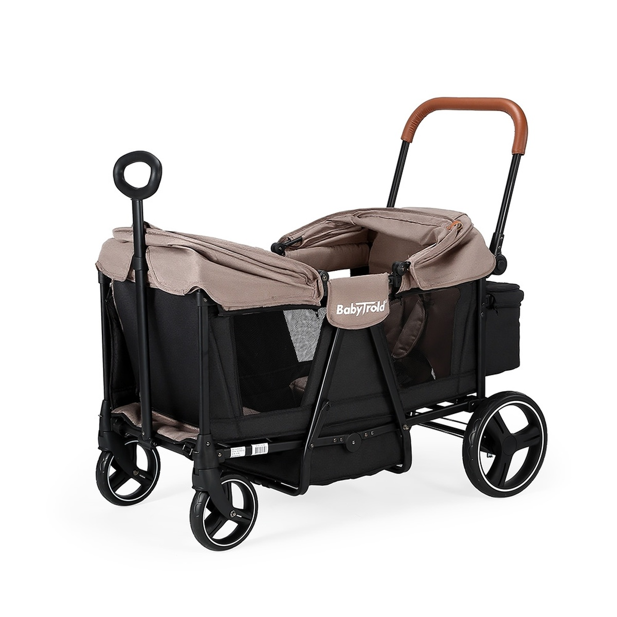 Ein brauner und schwarzer Kinderwagen mit zwei Sitzen und braunem Ledergriff.
