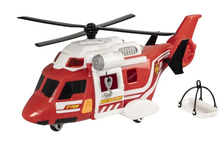 Czerwony i biały helikopter zabawkowa z detalami ratowniczymi i noszami obok.