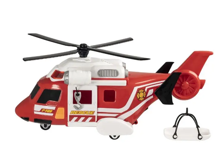 Czerwony helikopter zabwkowy z białymi akcentami i napisem "RESCUE".