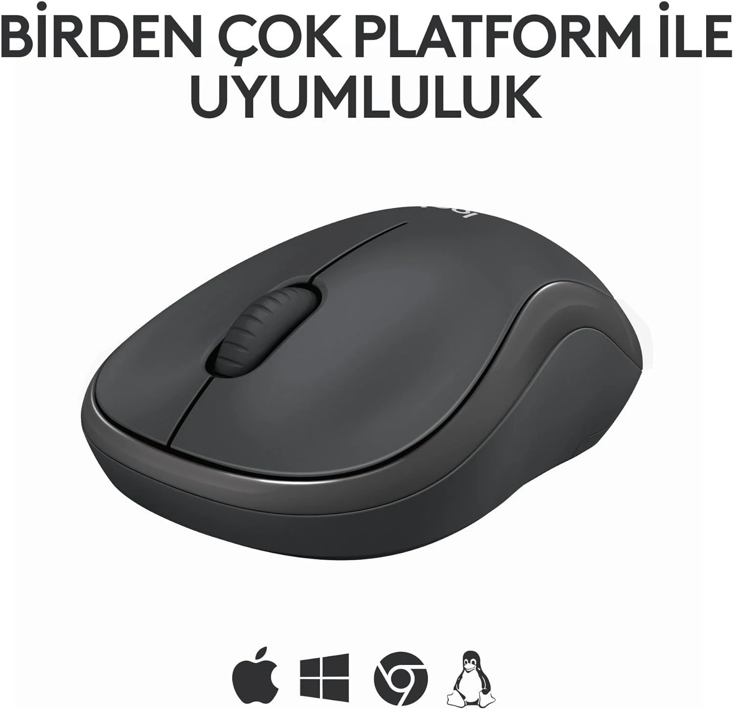 Mouse nero con rotellina, loghi Apple, Windows, Chrome e Linux.
