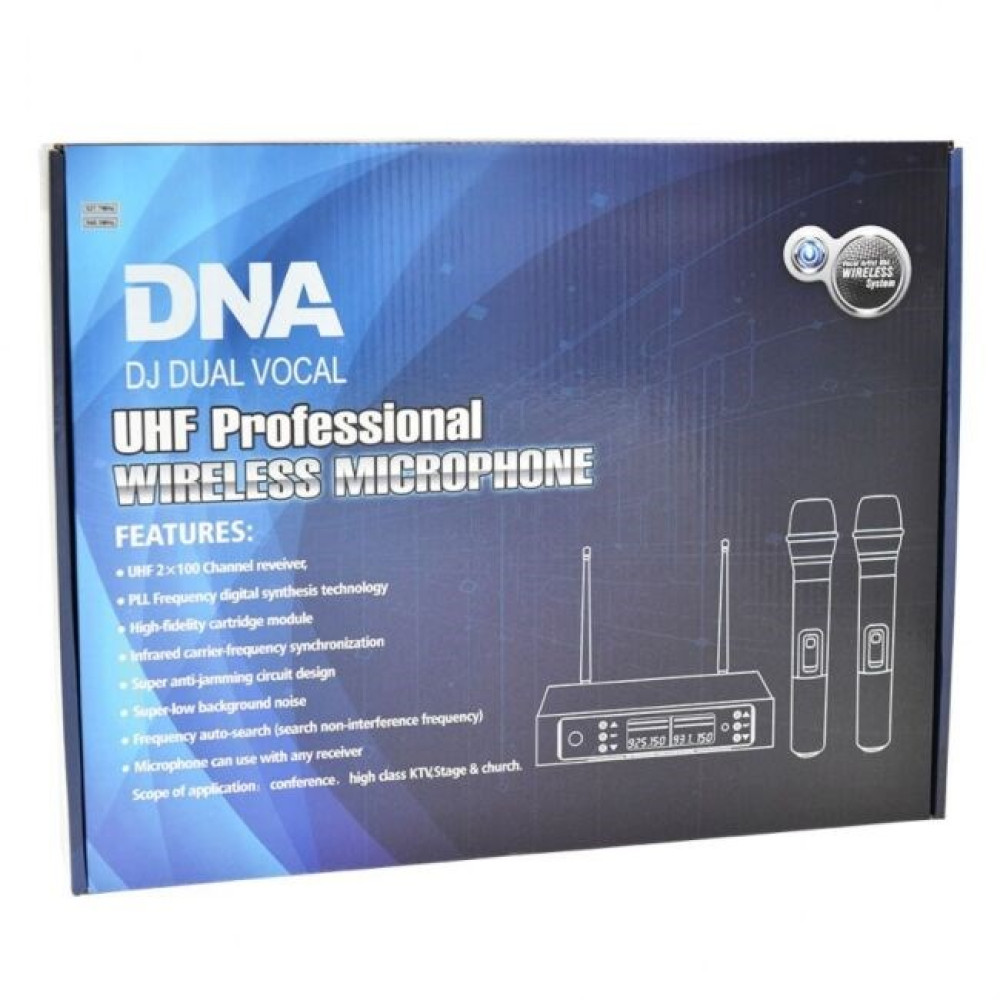 Pudełko na profesjonalny mikrofon bezprzewodowy UHF DNA DJ Dual Vocal z odbiornikiem i dwoma mikrofonami.