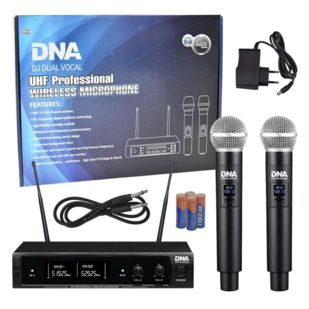 Zestaw mikrofonów bezprzewodowych DNA UHF Dual Vocal z odbiornikiem, dwoma mikrofonami, kablami, adapterem i bateriami.
