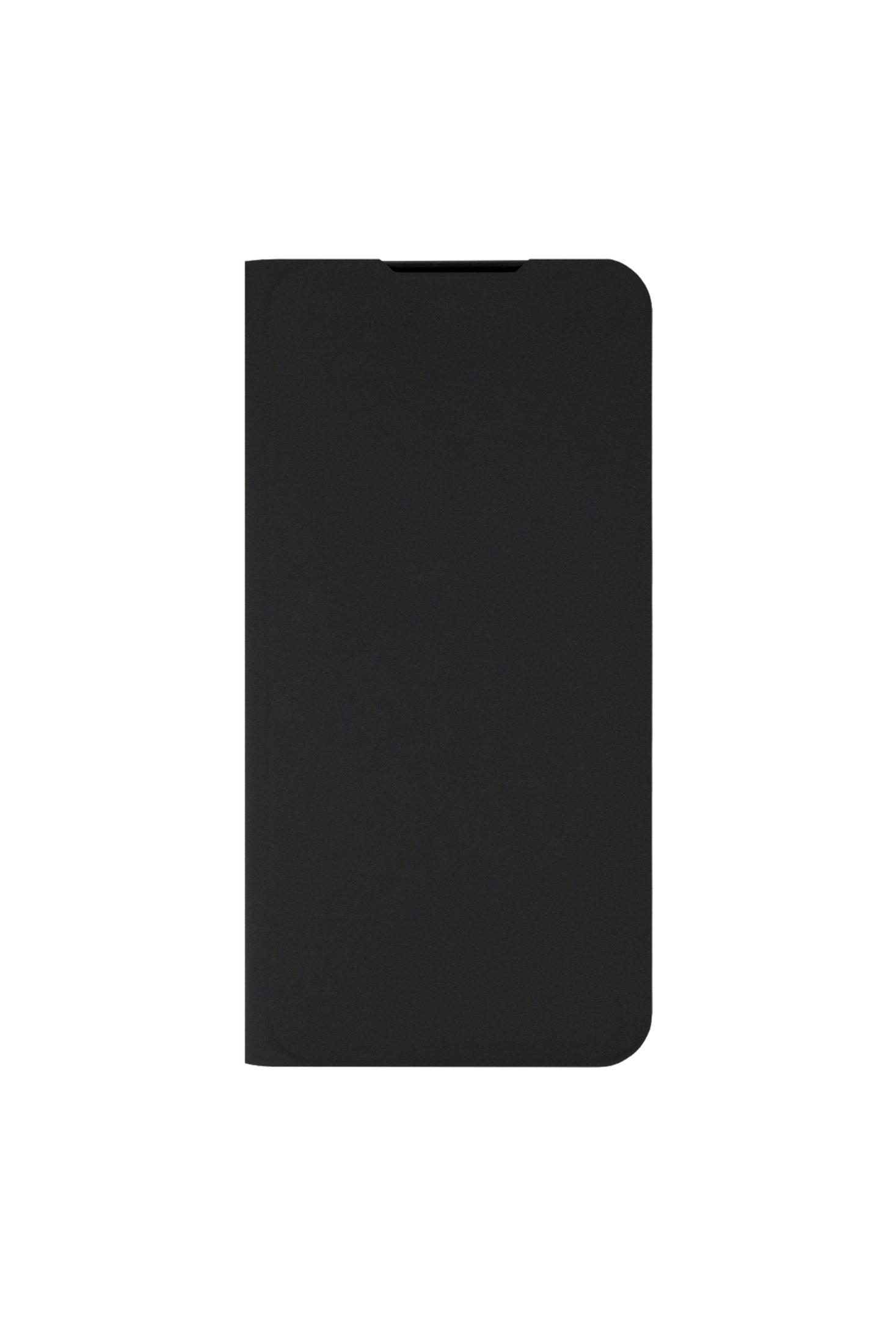 Se muestra una funda negra tipo libro para teléfono móvil sobre fondo blanco. La funda está cerrada.