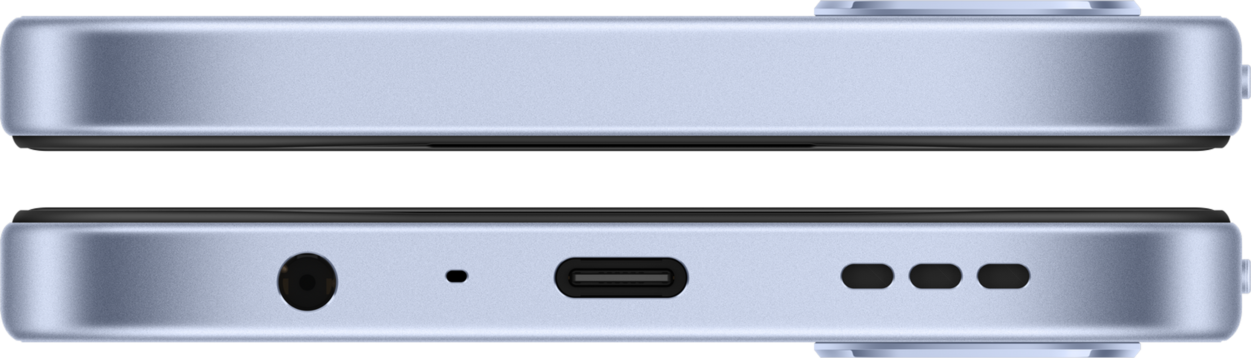 Vista inferiore di uno smartphone azzurro con USB-C, jack per cuffie e griglia altoparlante.