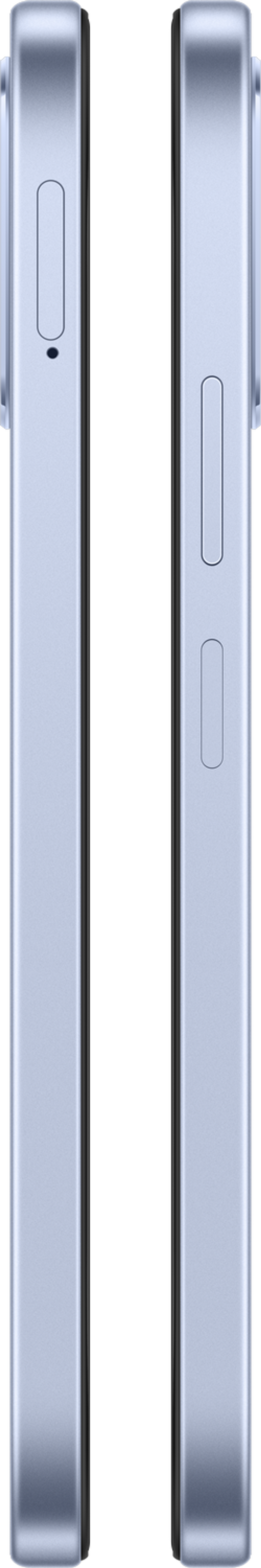 Due viste laterali di uno smartphone azzurro con pulsanti e un piccolo foro.