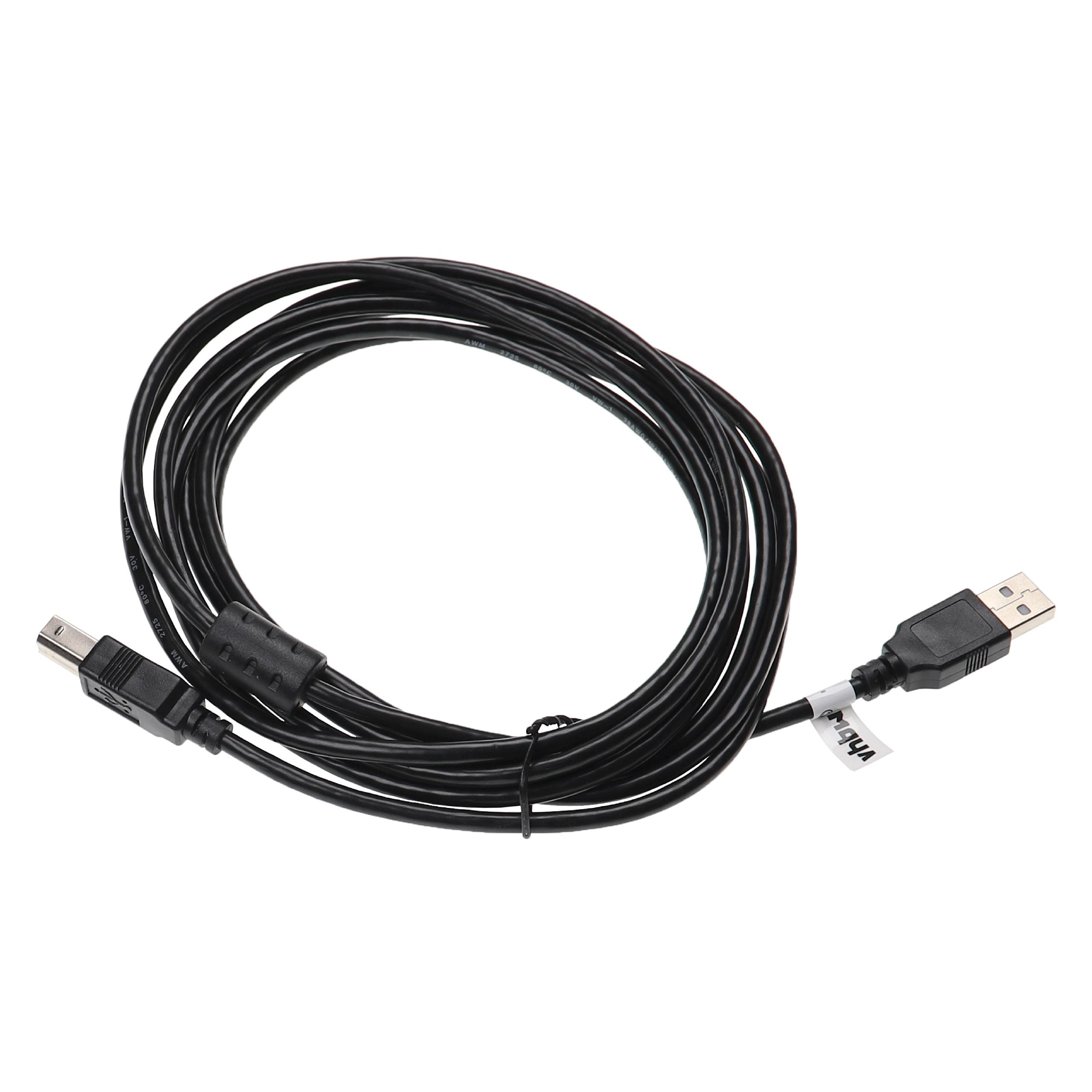 Ein schwarzes USB-Kabel, aufgewickelt, mit zwei Anschlüssen und einem Etikett.