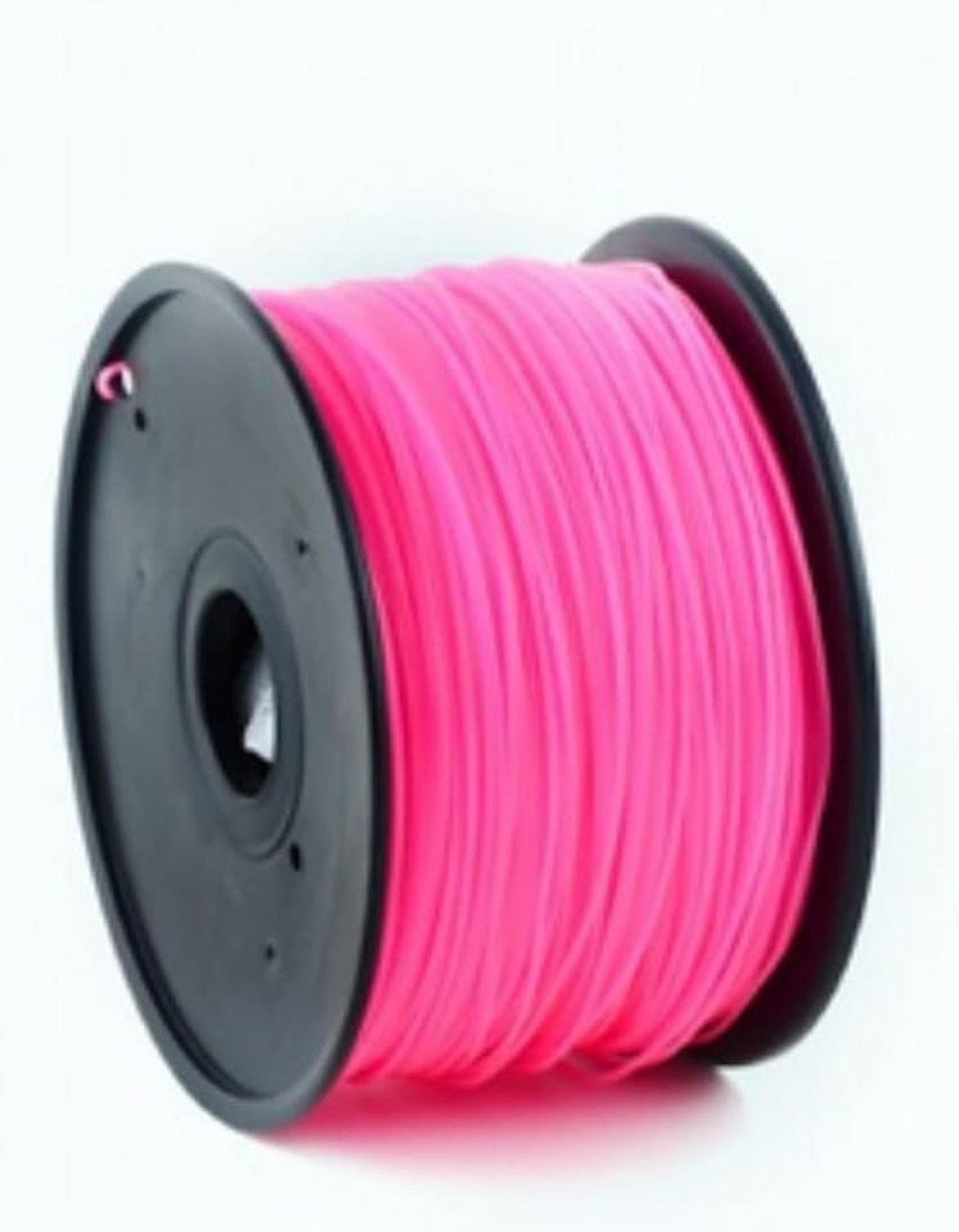 Eine Spule mit leuchtend pinkem 3D-Druckfilament auf weißem Hintergrund.