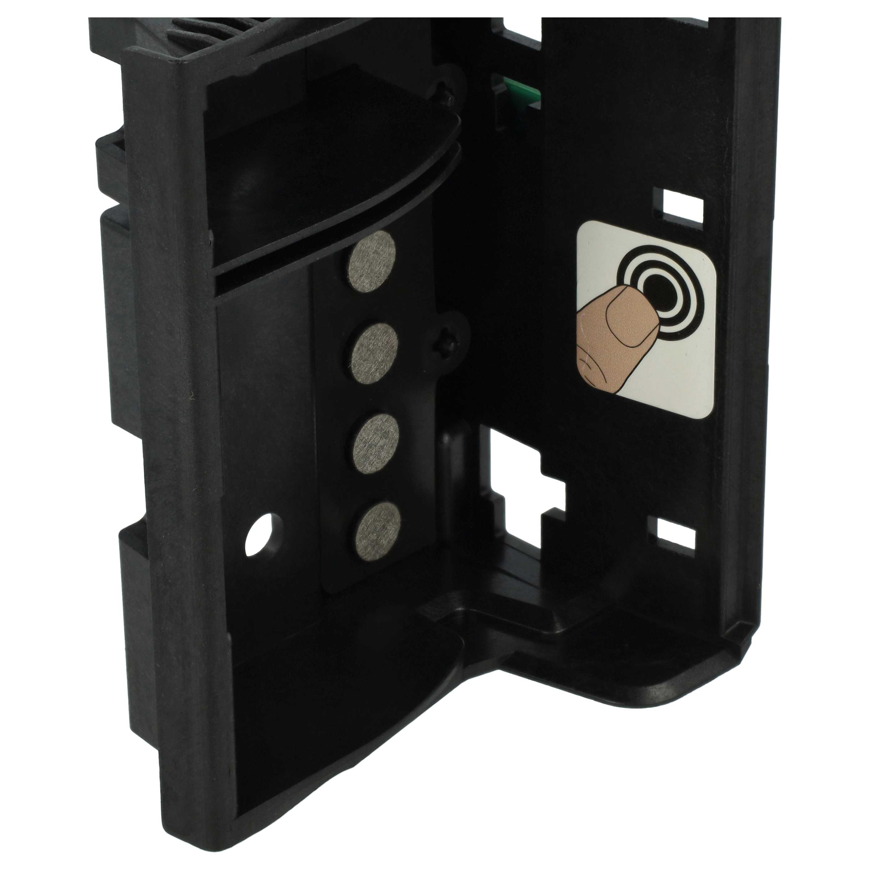 Schwarzes Plastikgehäuse mit Magnethalterungen und einem Touch-Symbol.