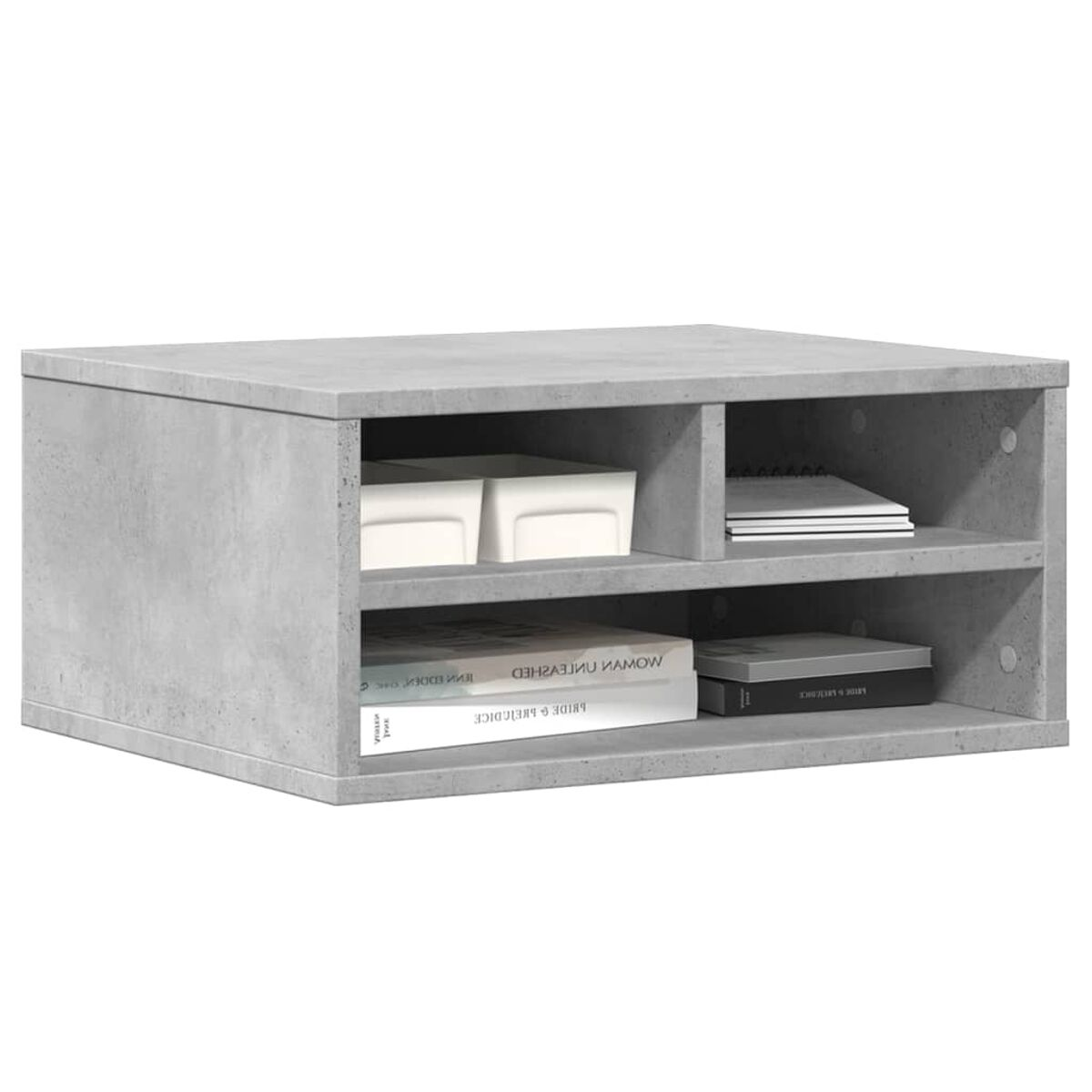 Graues Regal mit zwei Fächern, gefüllt mit Behältern, Büchern und Notizbüchern.