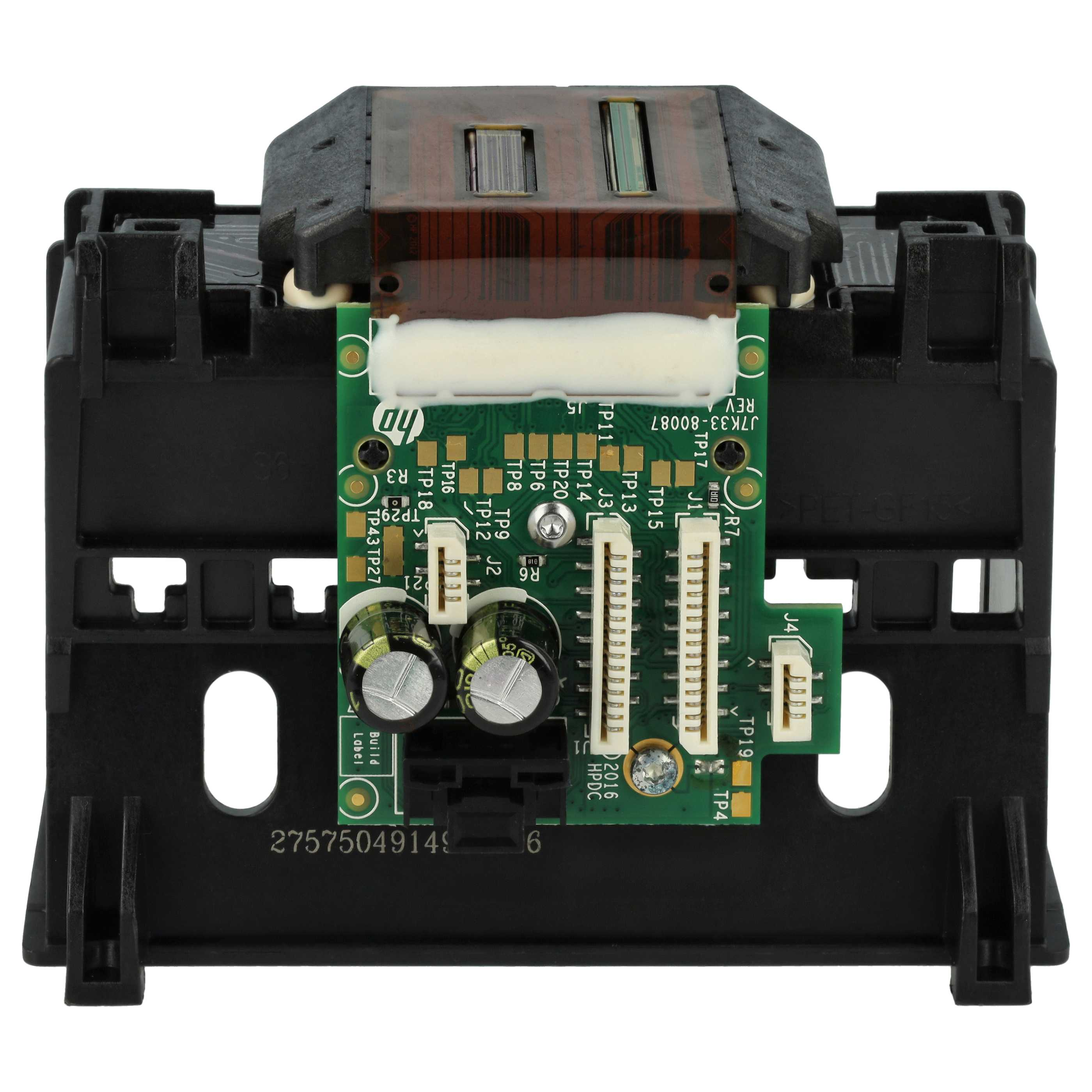 Ein schwarzer Rahmen hält eine grüne Leiterplatte mit vielen elektronischen Bauteilen.