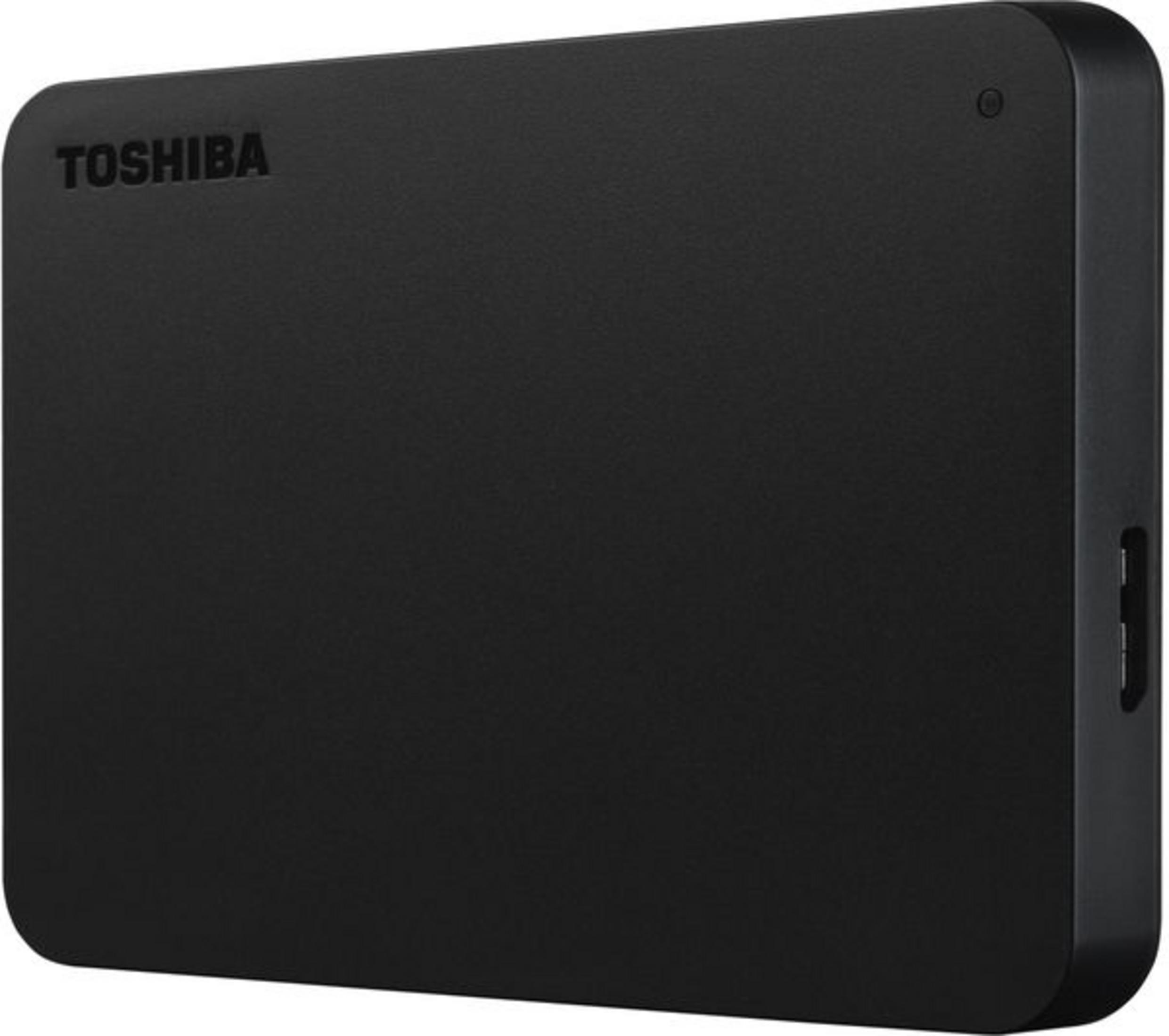 Un case per hard disk esterno Toshiba nero con angoli arrotondati e porta USB.