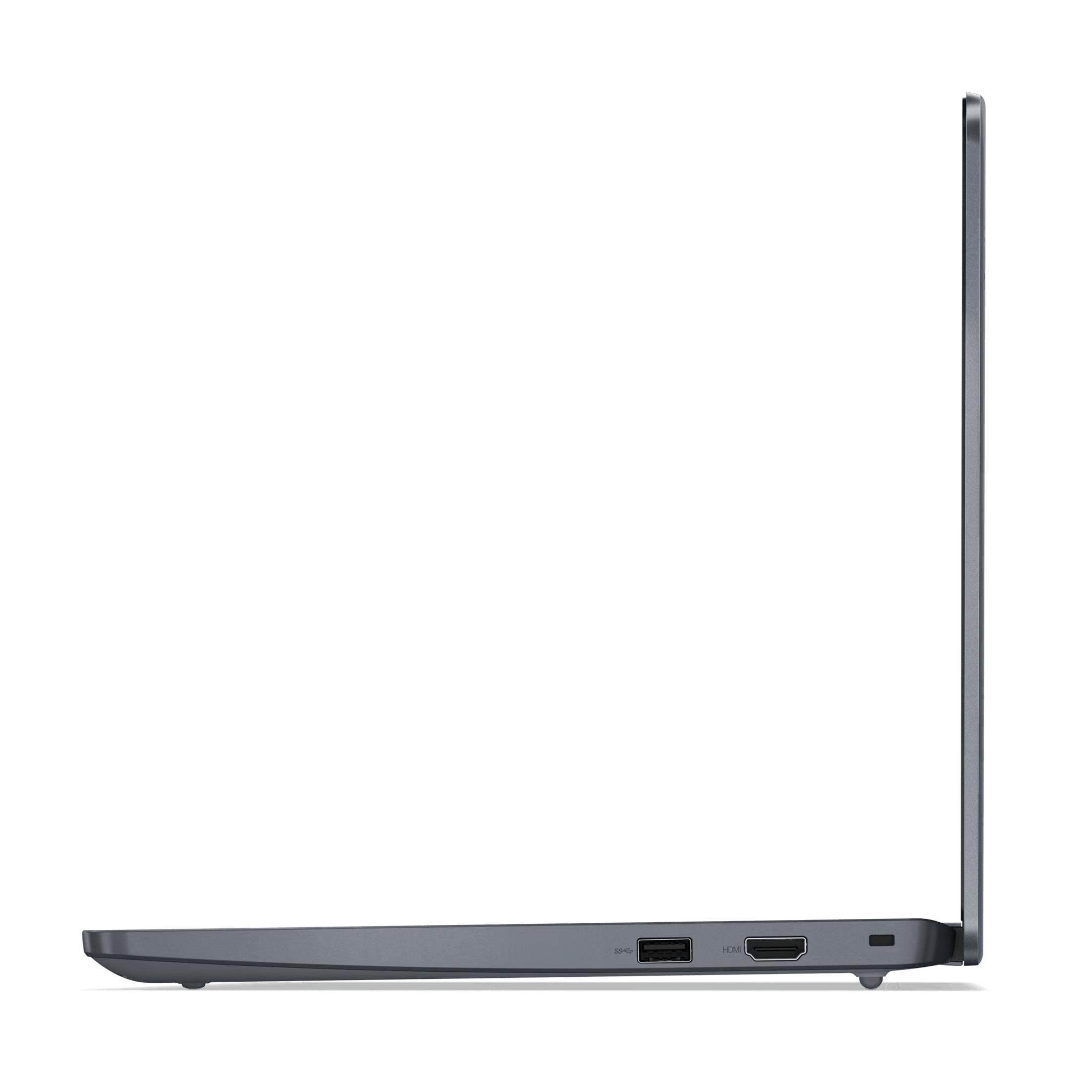 Portátil gris de lado, mostrando puertos USB y HDMI.