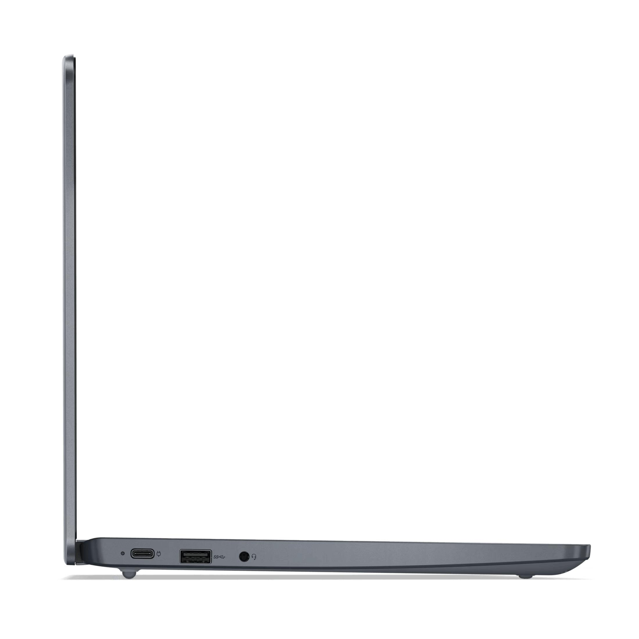 Portátil gris visto de perfil con puertos USB-C, USB-A y conector de auriculares.
