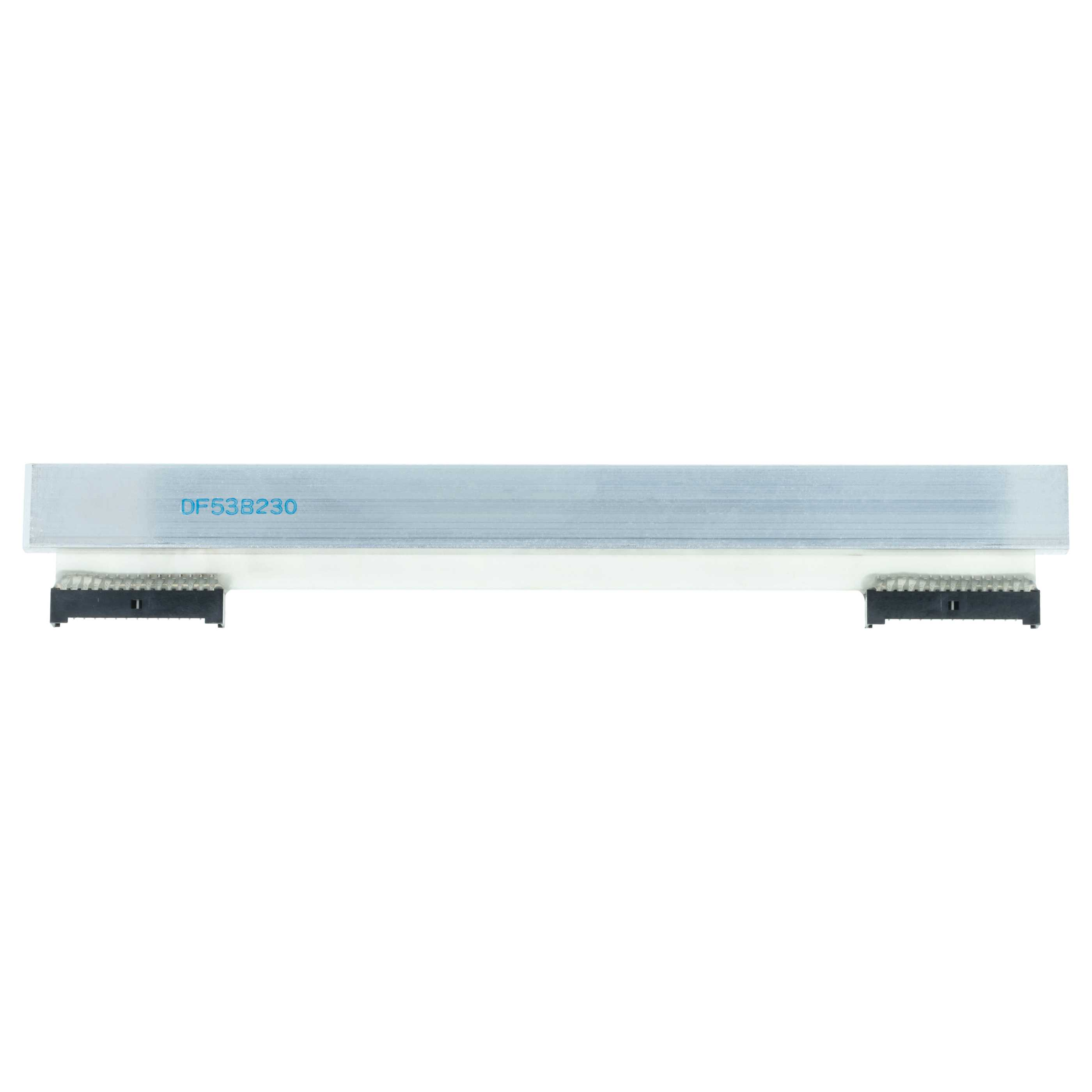 Ein silbernes Bauteil mit blauen Schriftzügen und schwarzen Steckverbindern.