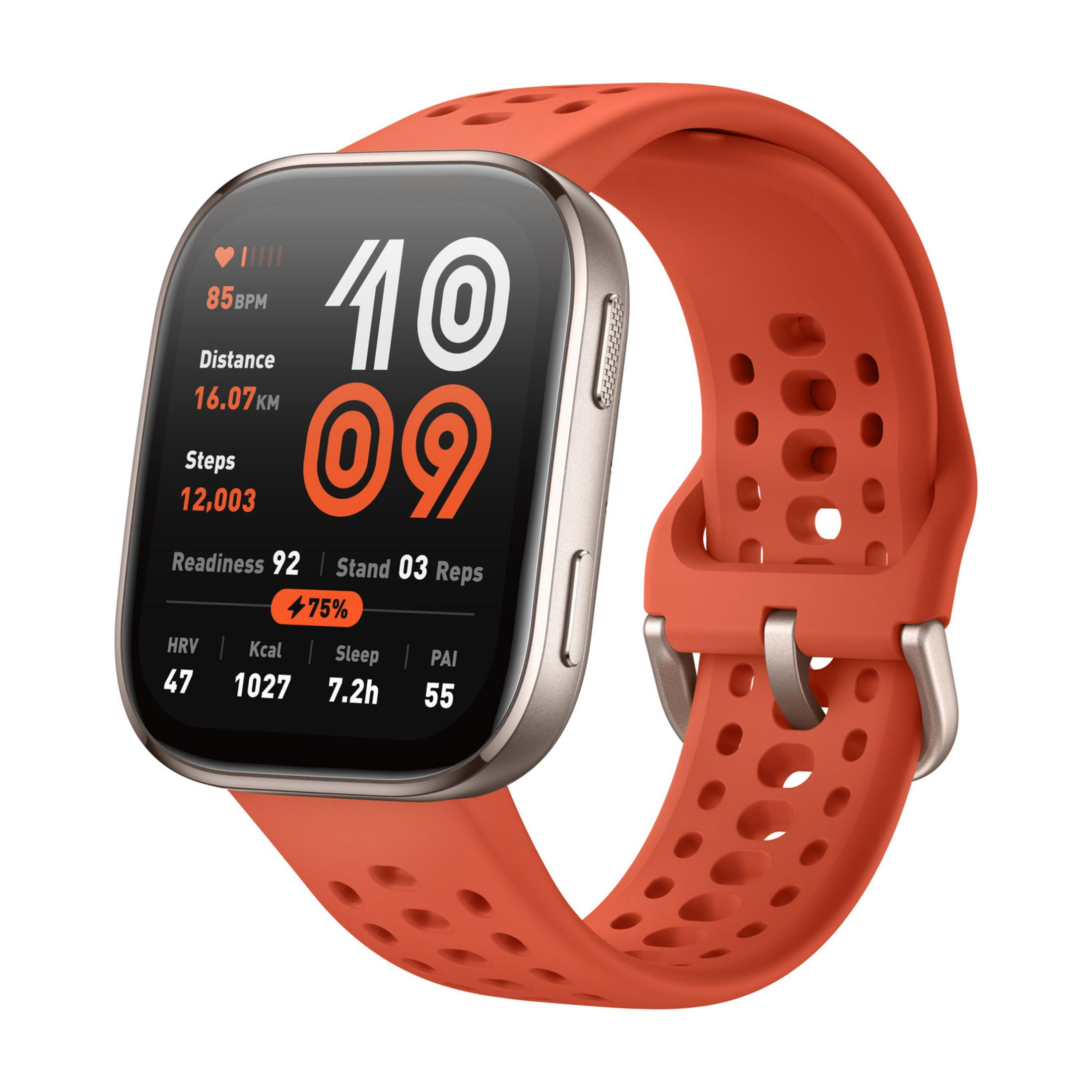 Pomarańczowa opaska fitness z srebrnym korpusem wyświetla 85 BPM, dystans 16,07 km, 12 003 kroki.