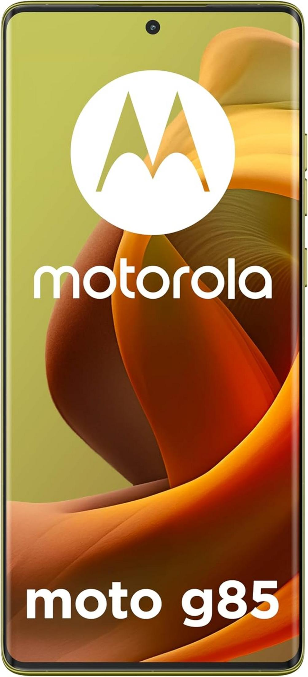 Logo e testo Motorola su un telefono con forme arancioni e marroni.