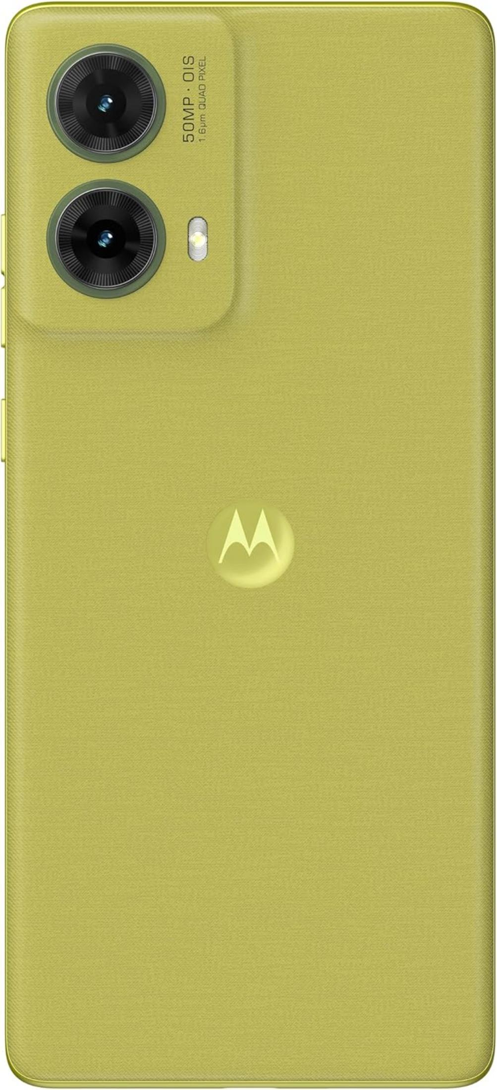 Retro di uno smartphone verde lime con doppia fotocamera e logo Motorola.