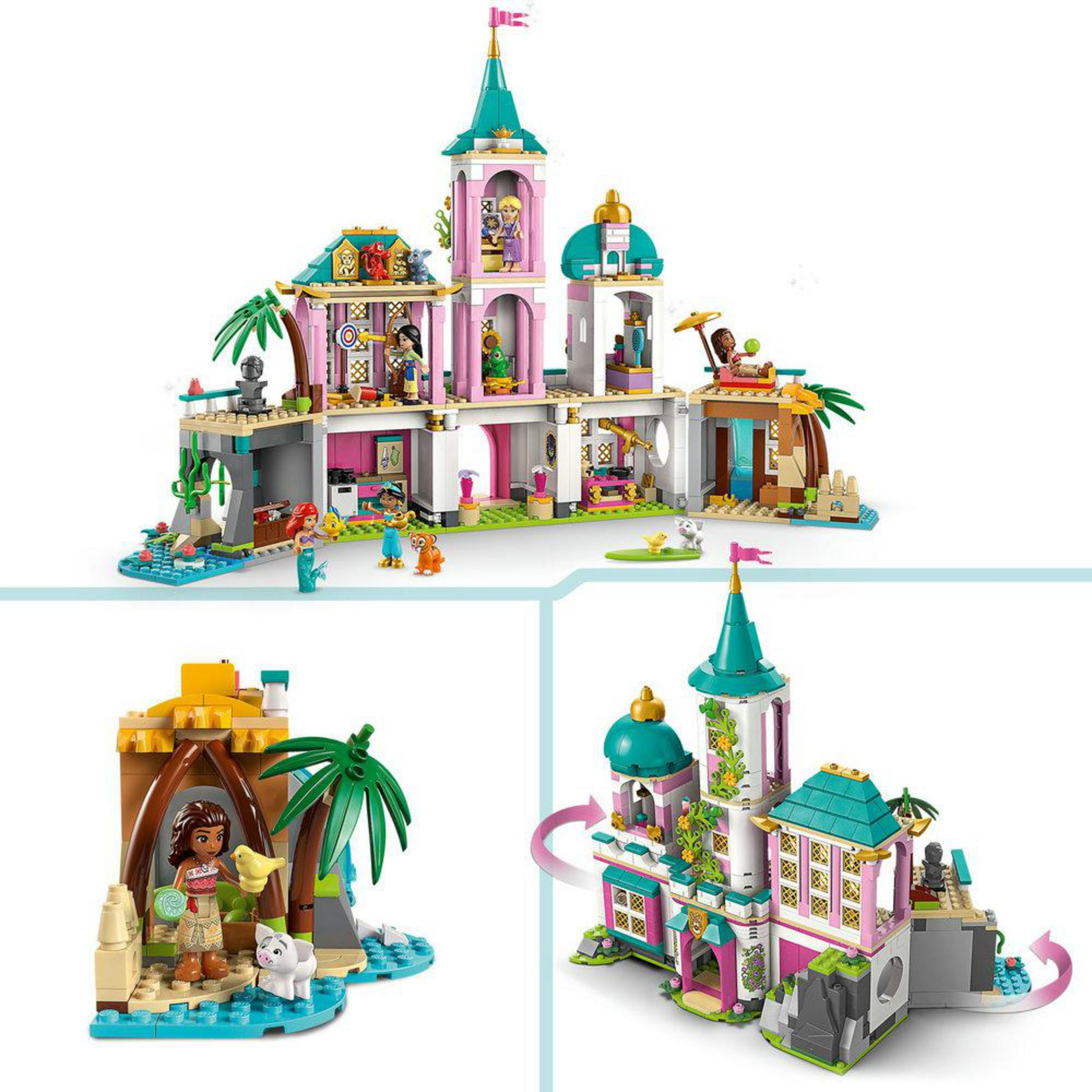 Un castillo de Lego con palmeras, figuras y elementos de sirena sobre fondo blanco.