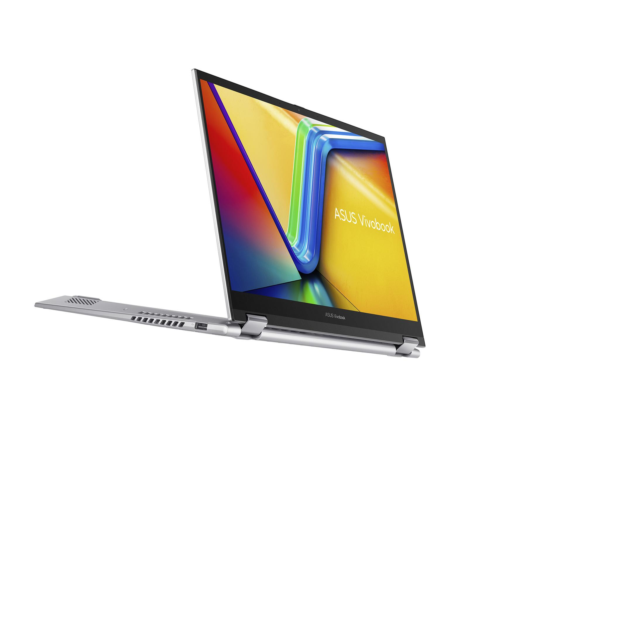 Portátil ASUS Vivobook plateado abierto con pantalla colorida sobre fondo blanco.