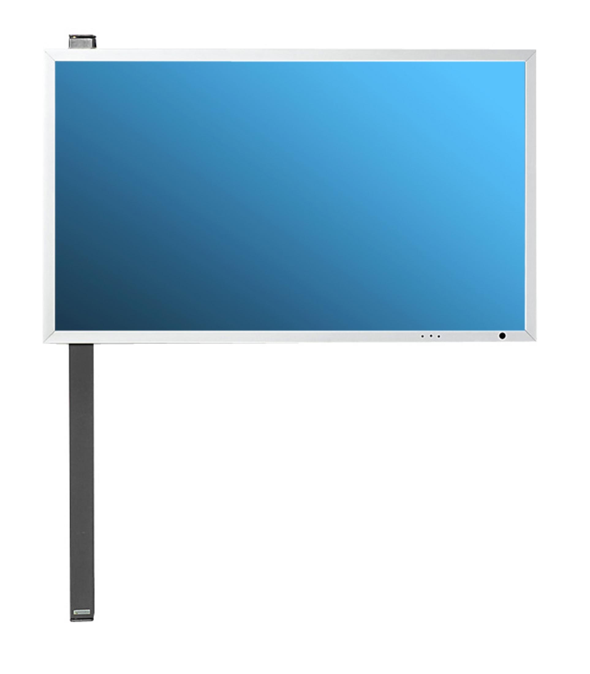 Ein großer, rechteckiger Monitor mit blauem Bildschirm, der auf einem dunklen Ständer steht.