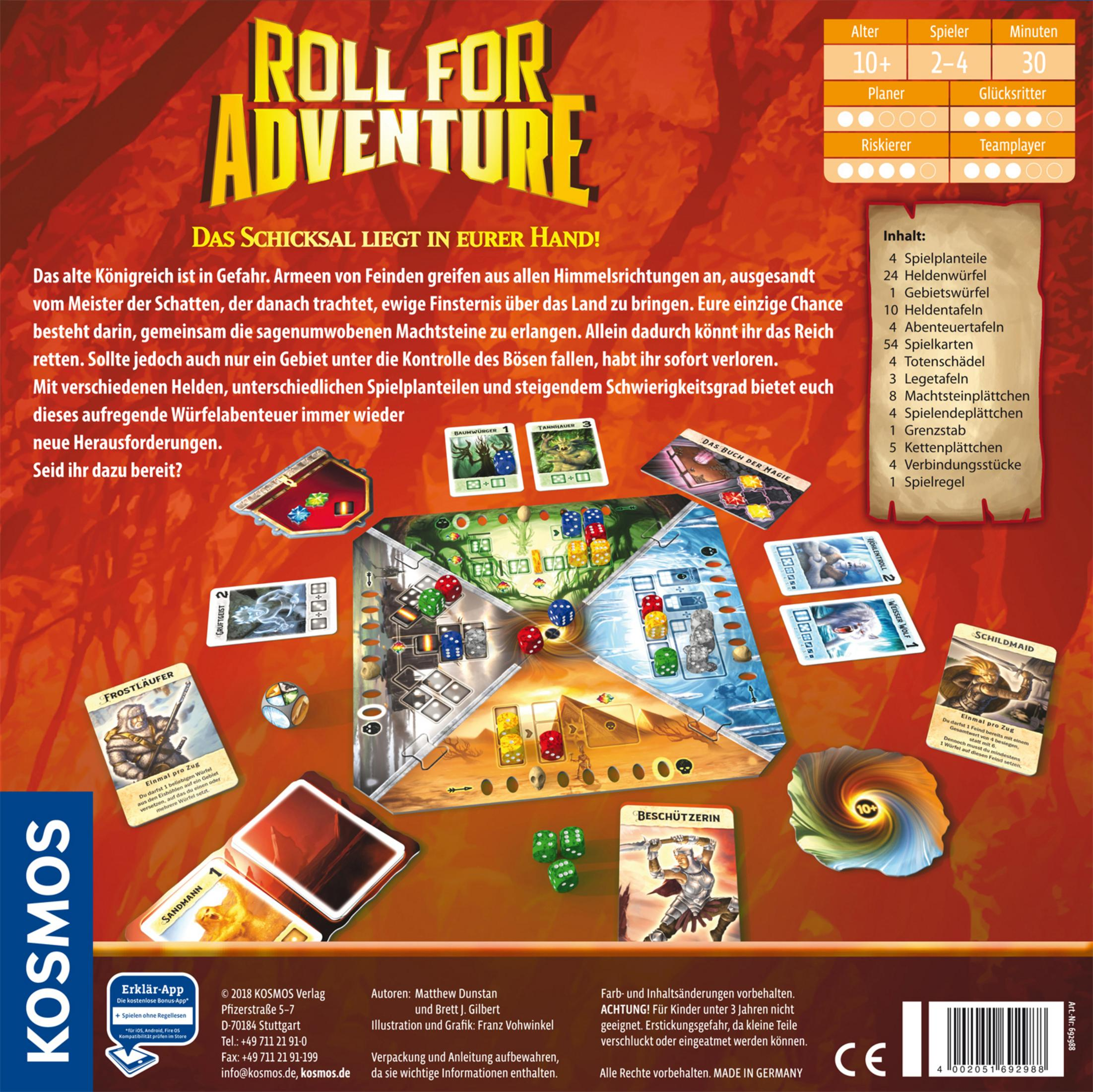 Brettspielbox mit Titel 'Roll for Adventure', Spielbrett, Würfel, Karten und Spielfiguren.